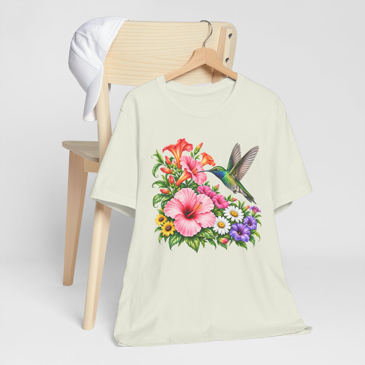 Hummingbird & Hibiscus T-Shirt, Colorful Tropical Floral Garden Tee - 14542