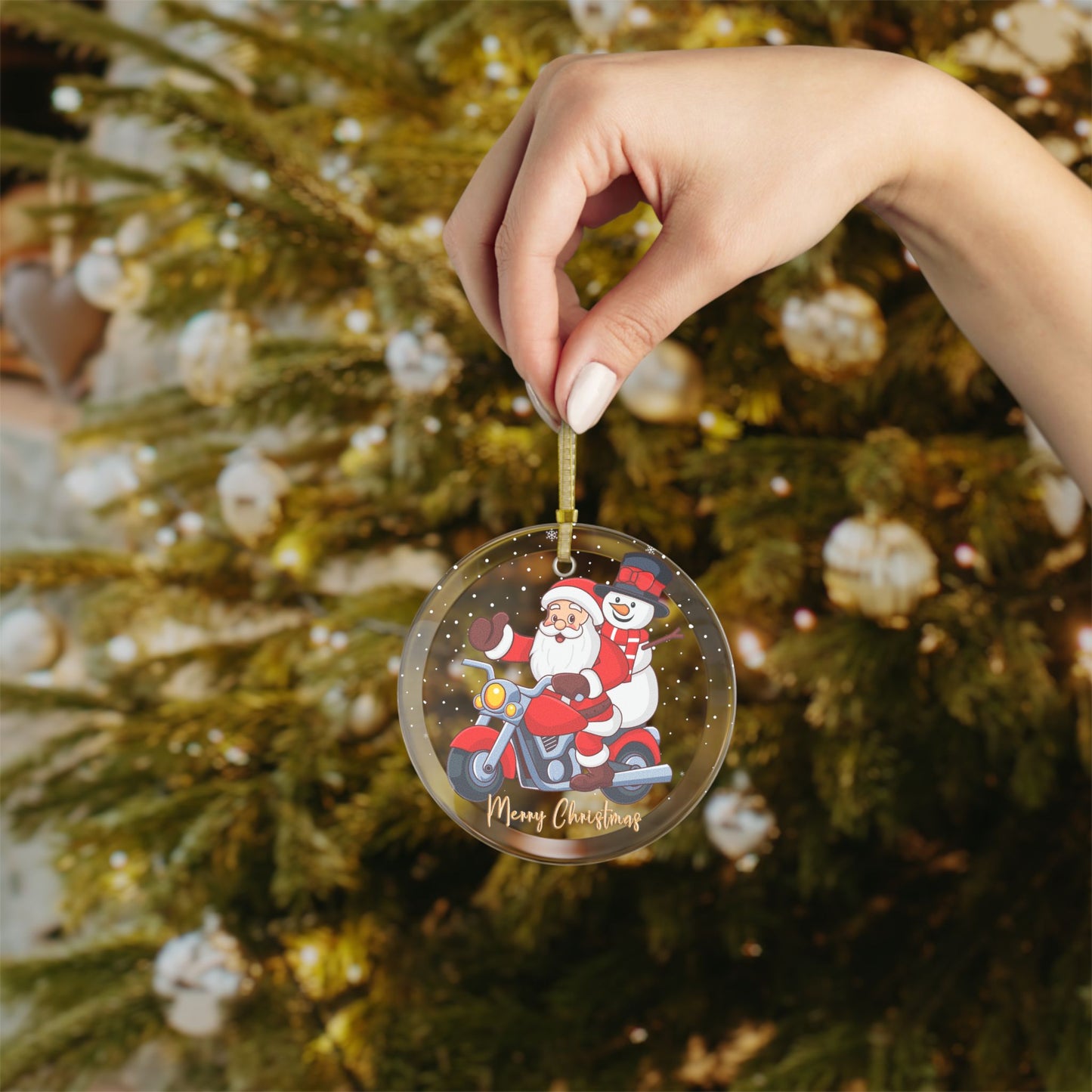 Santa & Snowman, Riding A Motorcycle - Glass Ornaments - 10424