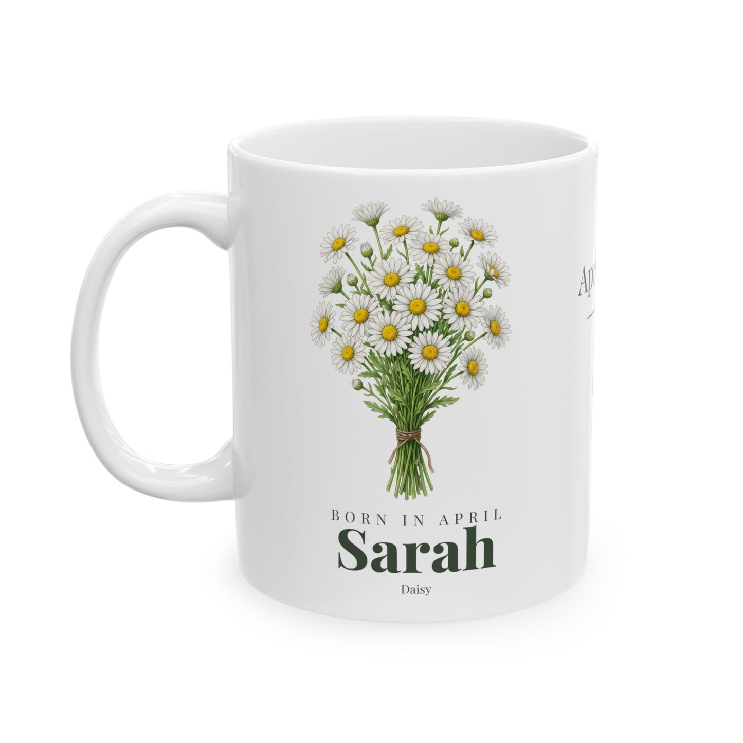 Personalized April Daisy Birth Flower Mug – Custom Name Floral Coffee Cup, "Pure Bright Loyal" Birthday Gift (11oz, 15oz)  - 14832