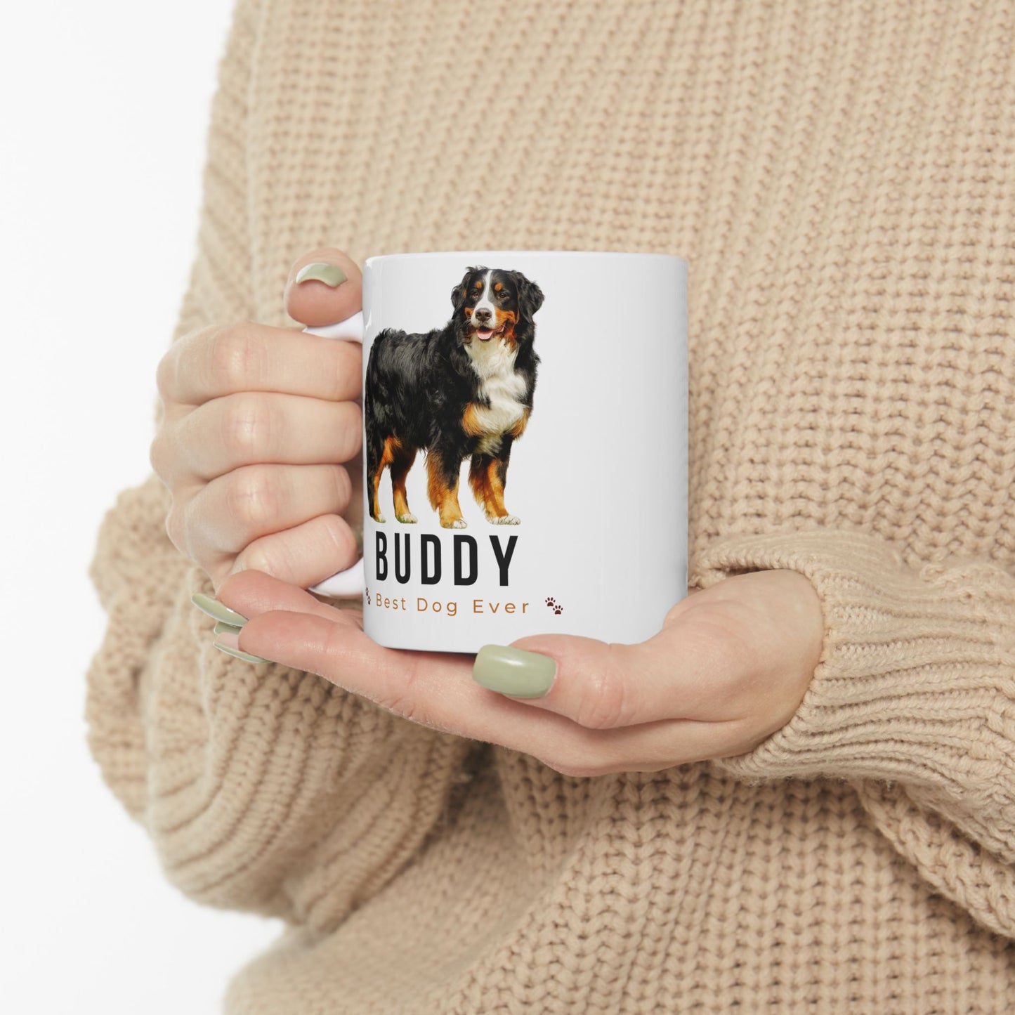 Personalized Bernese Mountain Dog Mug – Custom Dog Name “Best Dog Ever” Paw Print Coffee Cup Gift (11oz, 15oz) - 14836
