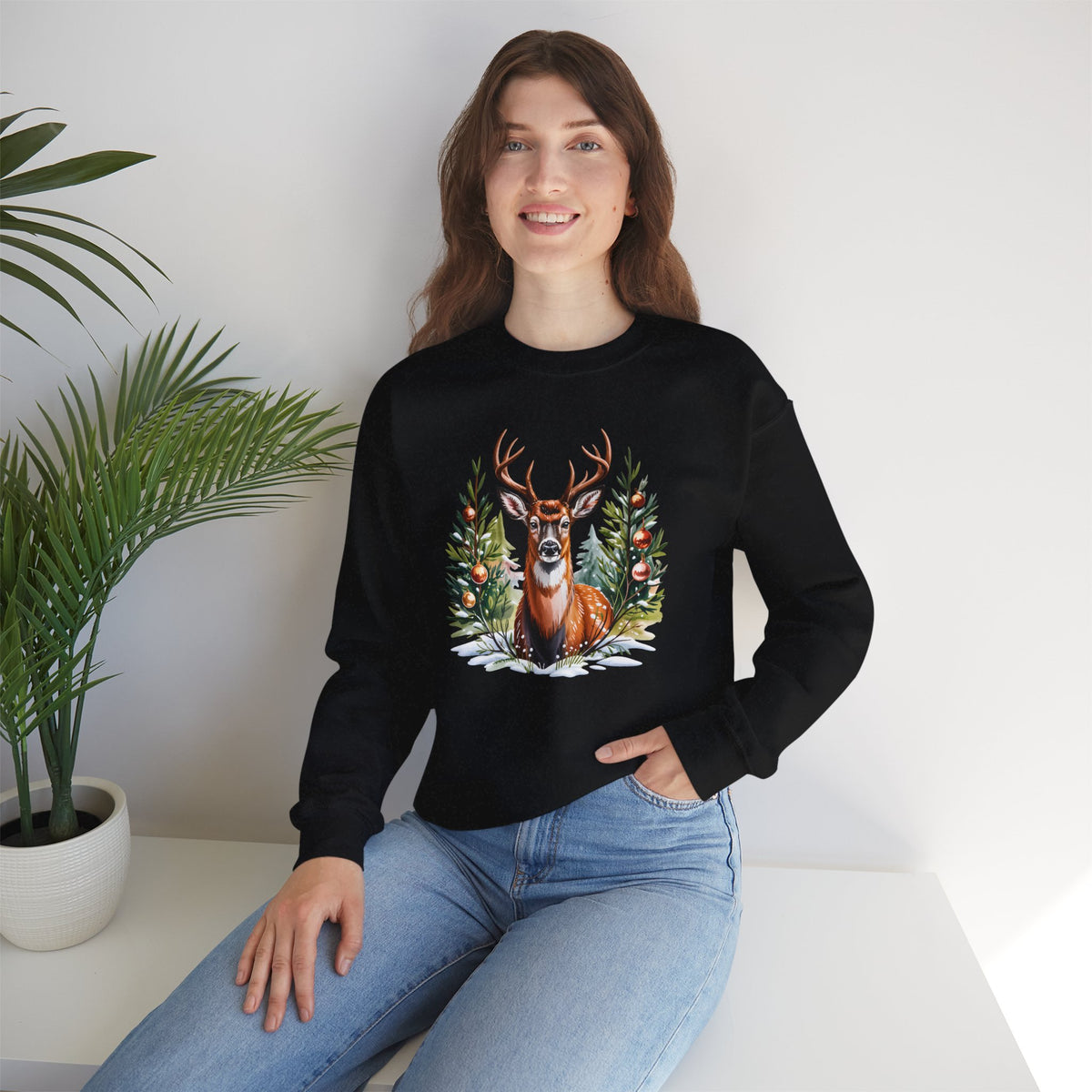 Christmas Deer Sweatshirt, Vintage Woodland Holiday Crewneck - 14562