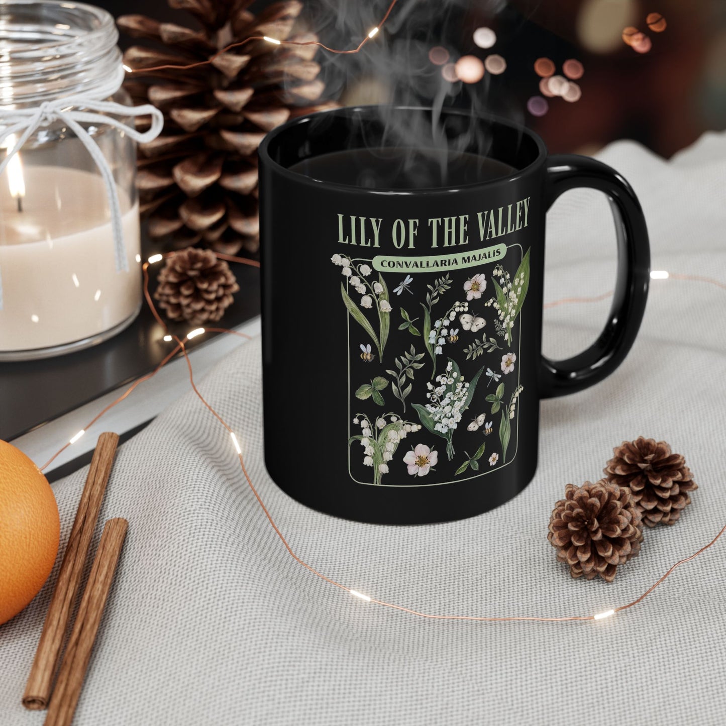 May Birth Flower Mug – Lily of the Valley Black Ceramic Coffee Cup (11oz, 15oz) - 11887