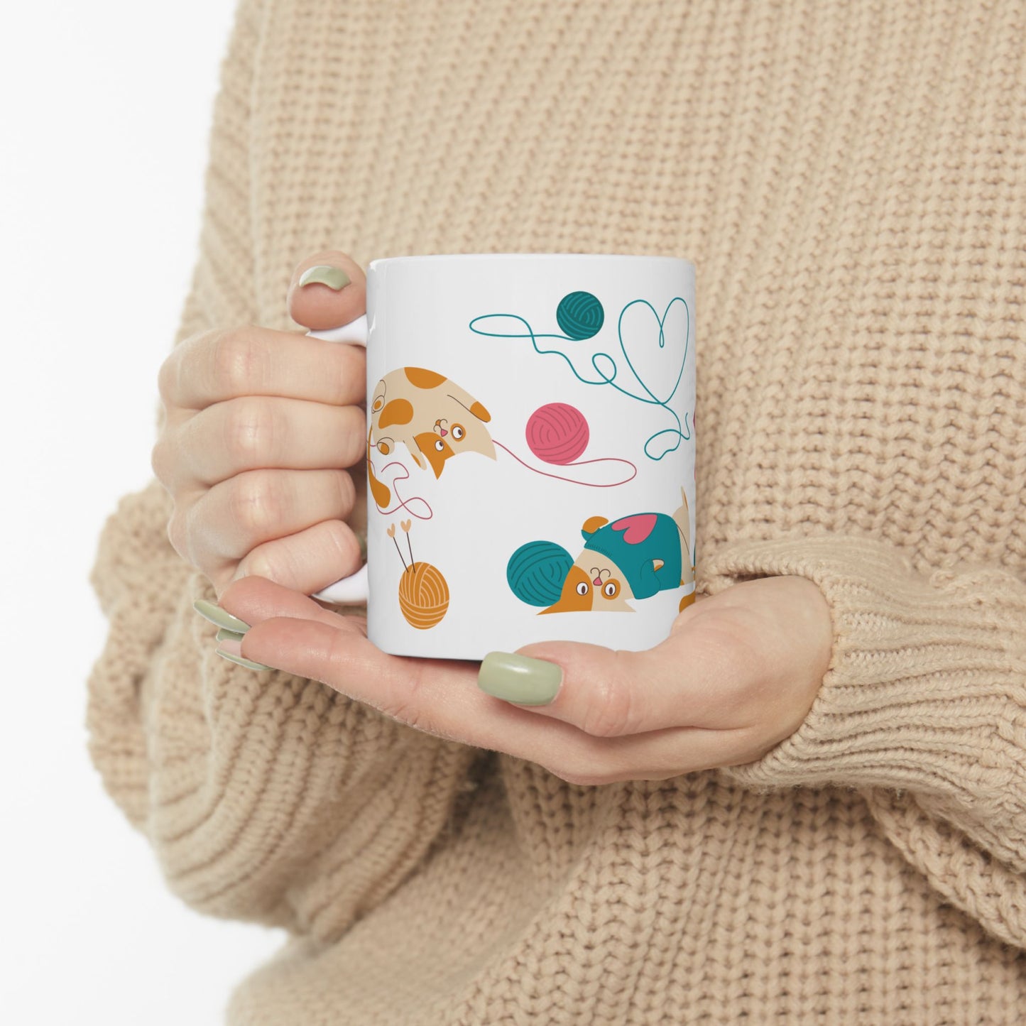 Cats Playing With Knitting Yarn - Ceramic Mug, (11oz, 15oz) - 11244