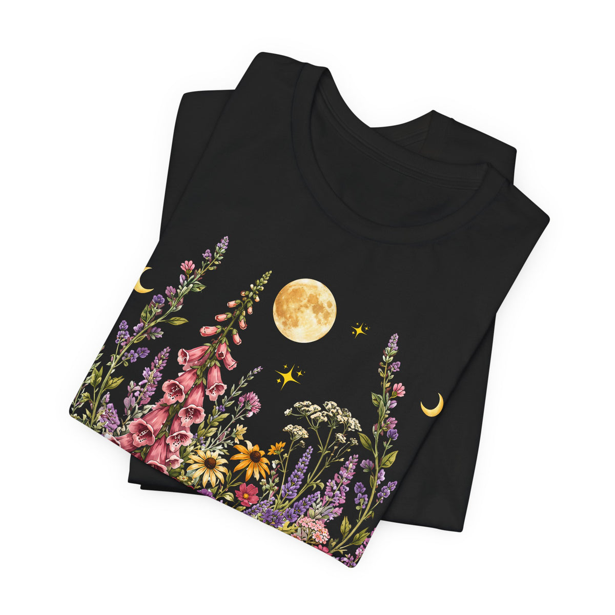 Floral Moon Garden T-Shirt, Vintage Wildflower & Celestial Graphic Tee - 14961
