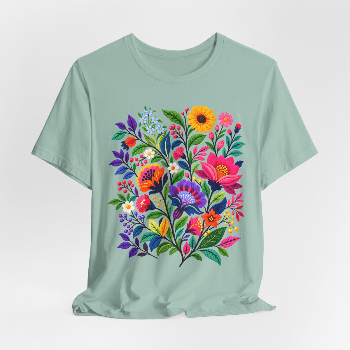 Bright Folk Art Floral T-Shirt, Colorful Flower Bouquet Tee - 14513