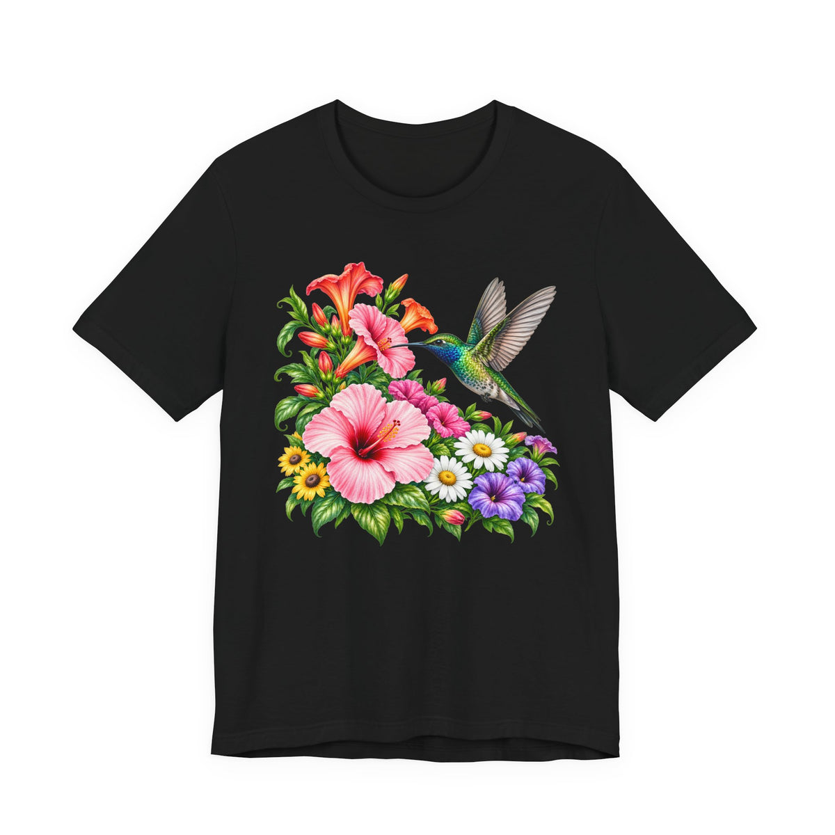Hummingbird & Hibiscus T-Shirt, Colorful Tropical Floral Garden Tee - 14542