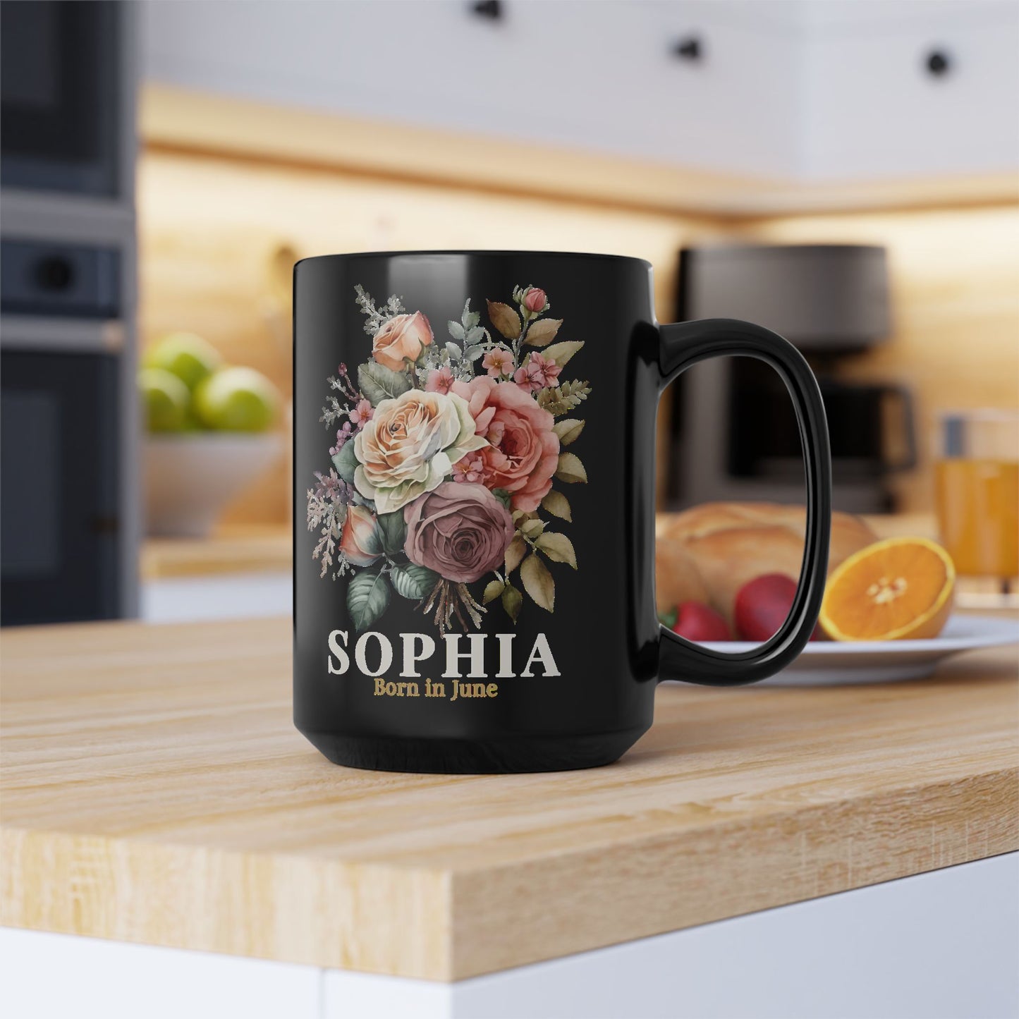 Custom Born in June Mug – Personalized June Birthday Floral Rose Coffee Cup, Black Ceramic Mug 11oz 15oz - 14894