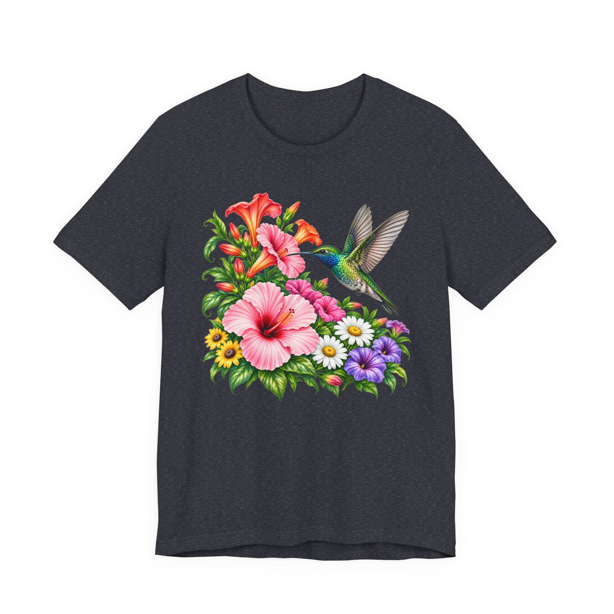 Hummingbird & Hibiscus T-Shirt, Colorful Tropical Floral Garden Tee - 14542