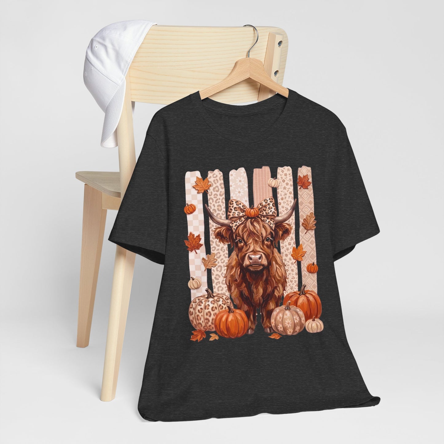 Highland Cow Autumn T-Shirt — Pumpkin & Leaves Fall Graphic Tee - 14942
