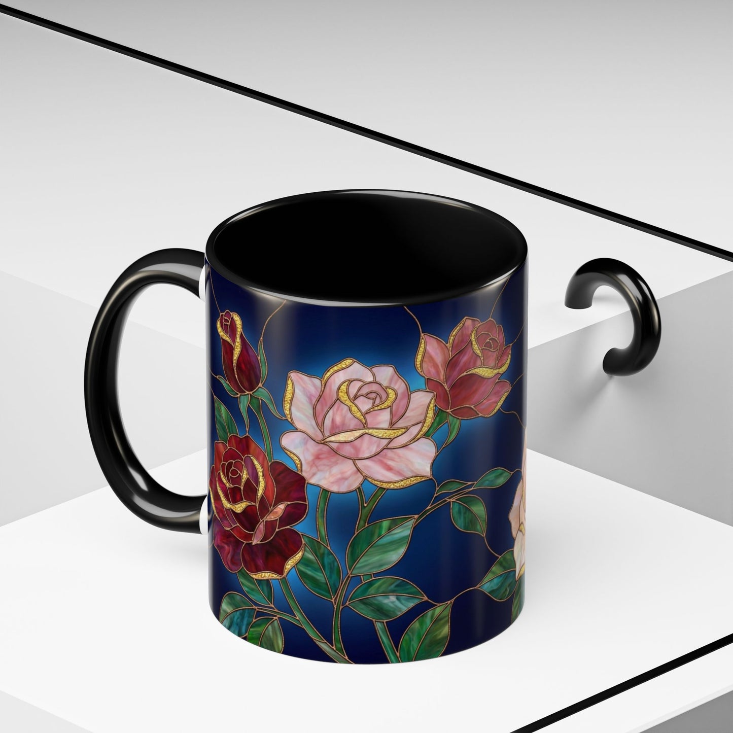 Rose Floral Accent Coffee Mug – Stained Glass Design (11/15oz) - 14551