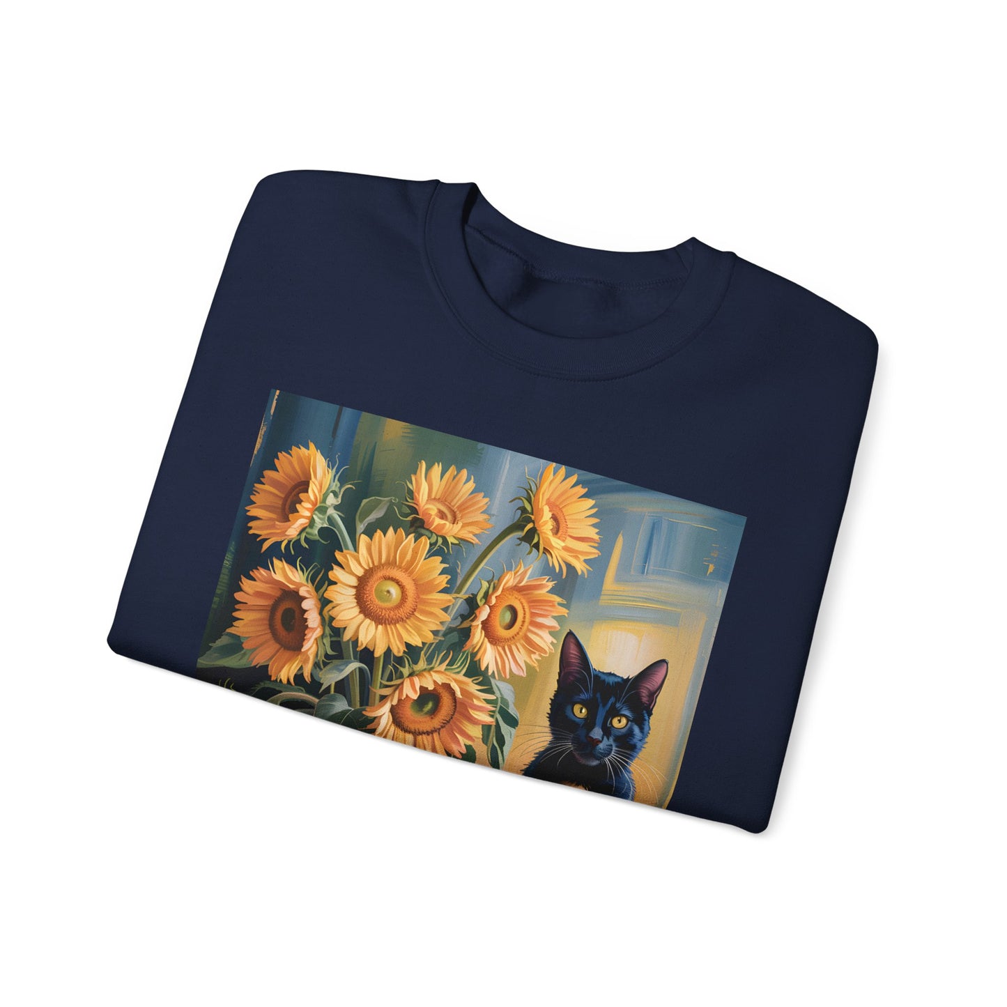 Van Gogh Style Black Cat & Sunflowers Sweatshirt – Art Lover Cozy Crewneck - 14766