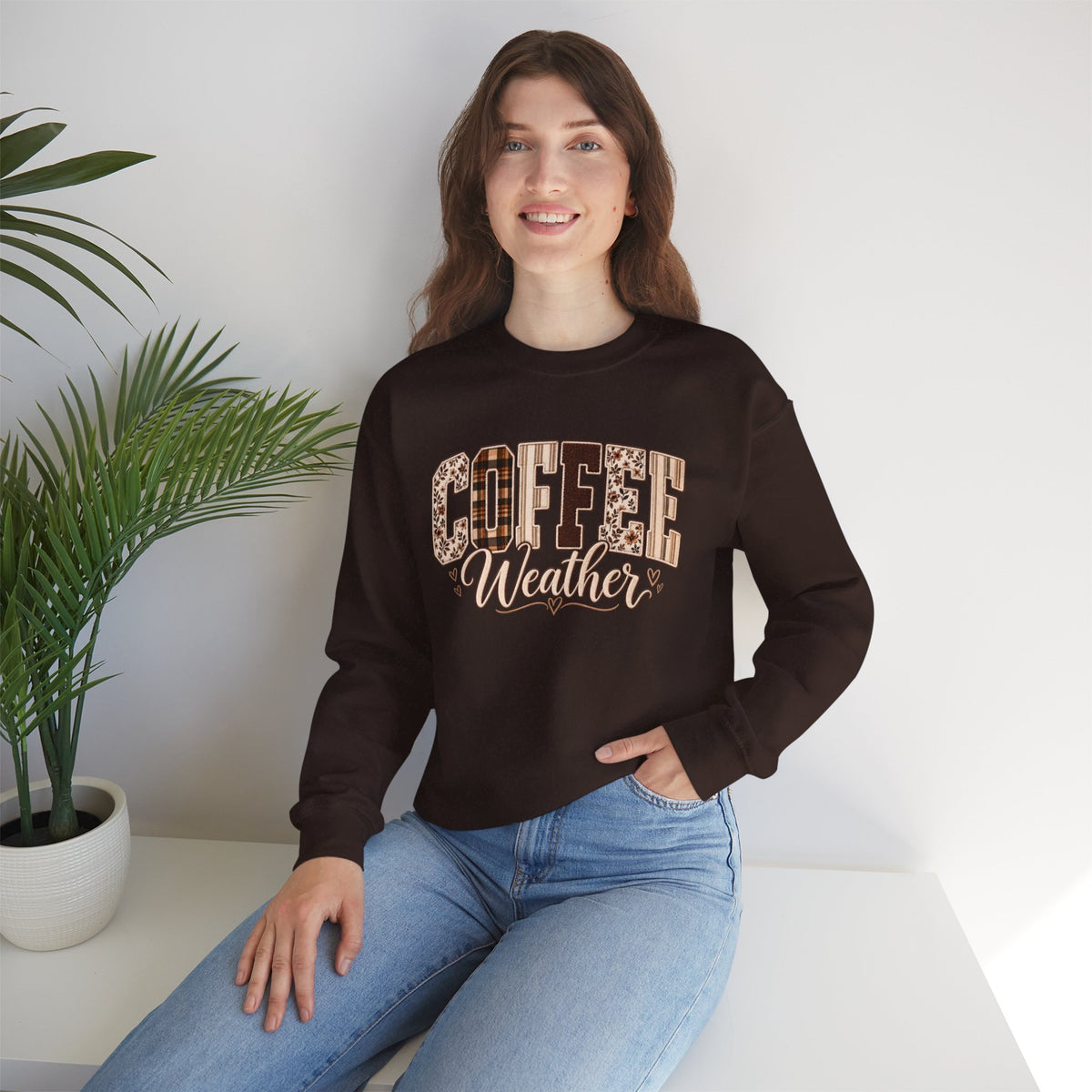 Coffee Weather Sweatshirt, Patchwork Floral Plaid Cozy Crewneck - 14997