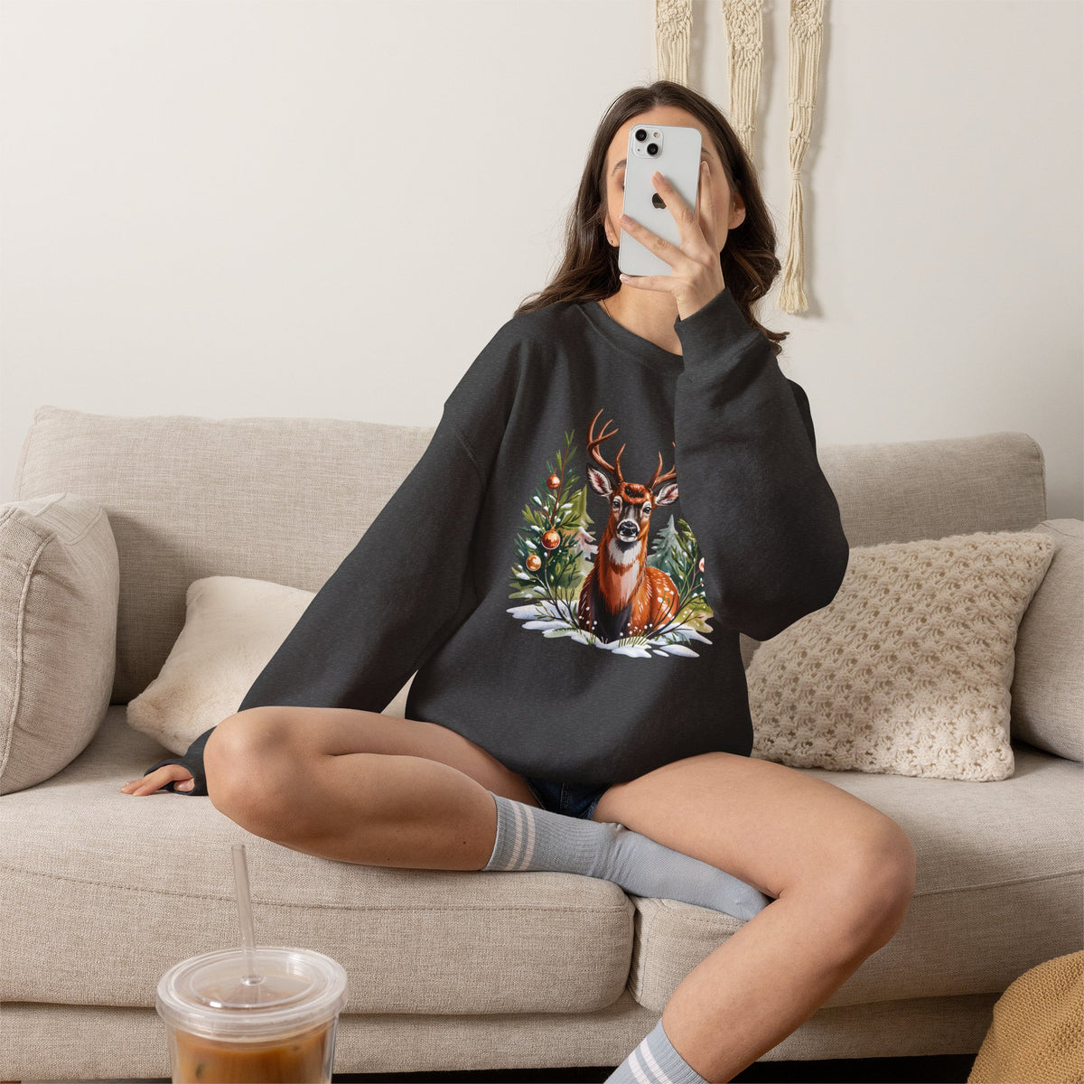 Christmas Deer Sweatshirt, Vintage Woodland Holiday Crewneck - 14562