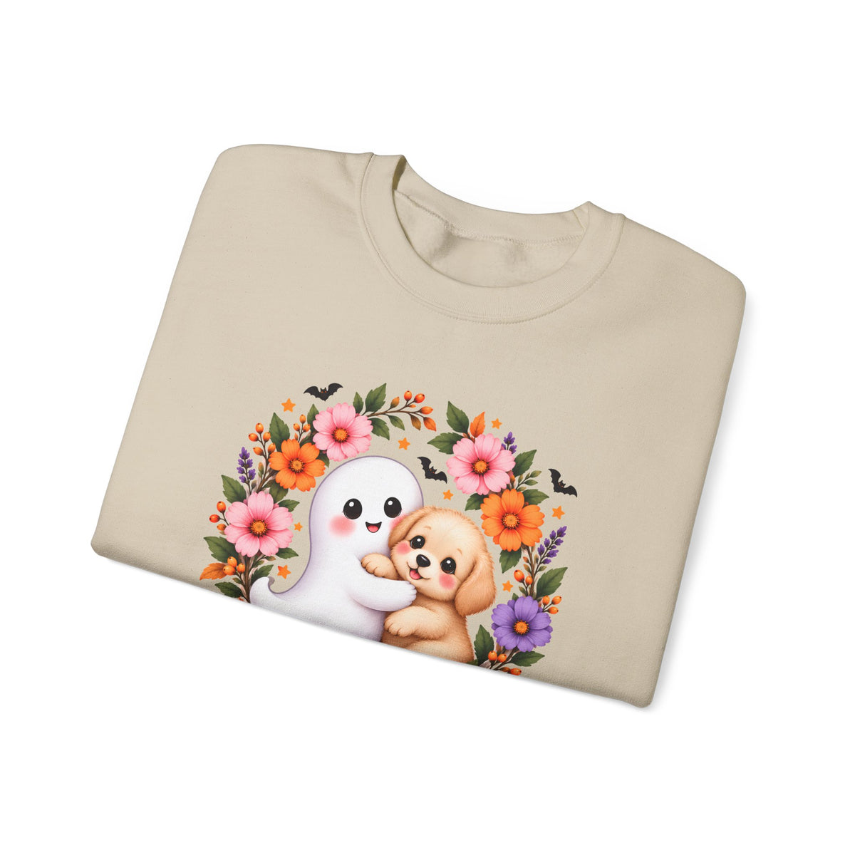 Cute Ghost & Puppy Halloween Sweatshirt,  Floral Crewneck - 14515