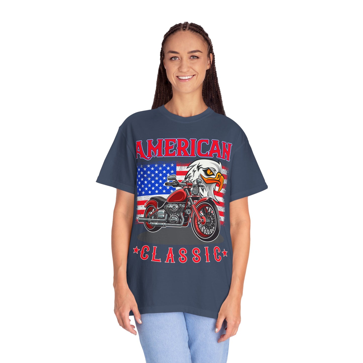 American Classic Tee, Unisex Garment-Dyed T-shirt, Biker Gift, Patriotic Apparel, Rider and Eagle Fashion, Vintage Style - 13658