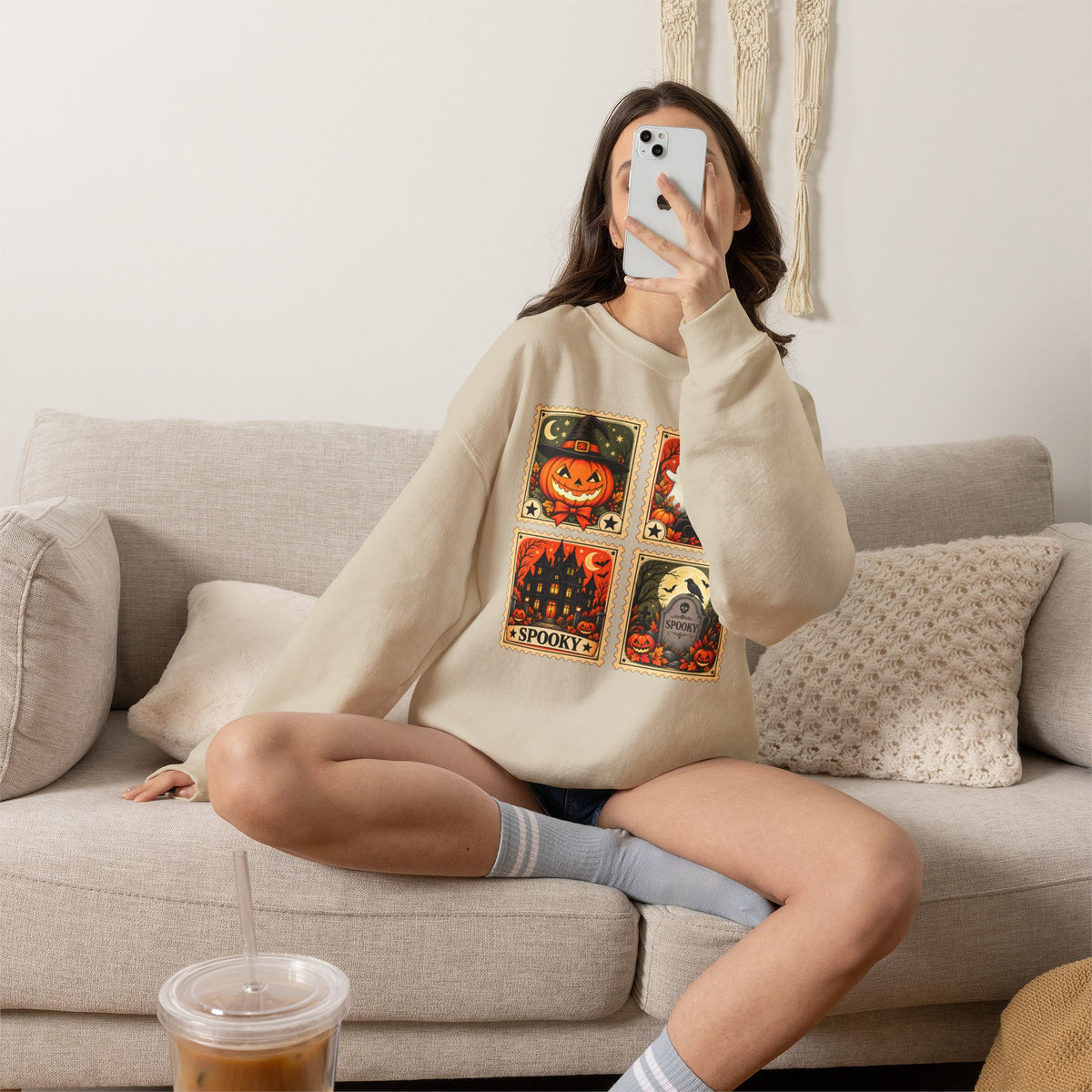 Vintage Halloween Stamp Sweatshirt, Spooky Pumpkin & Ghost Crewneck - 14510