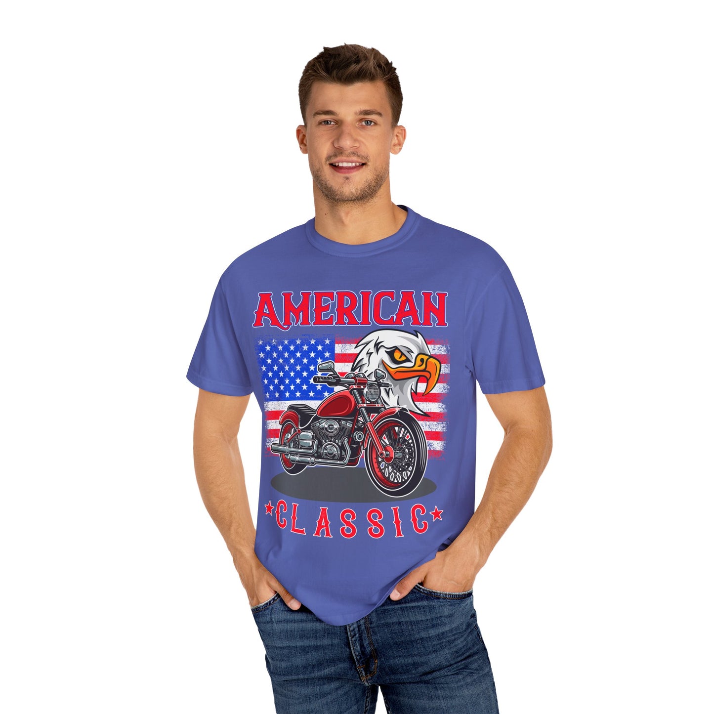 American Classic Tee, Unisex Garment-Dyed T-shirt, Biker Gift, Patriotic Apparel, Rider and Eagle Fashion, Vintage Style - 13658