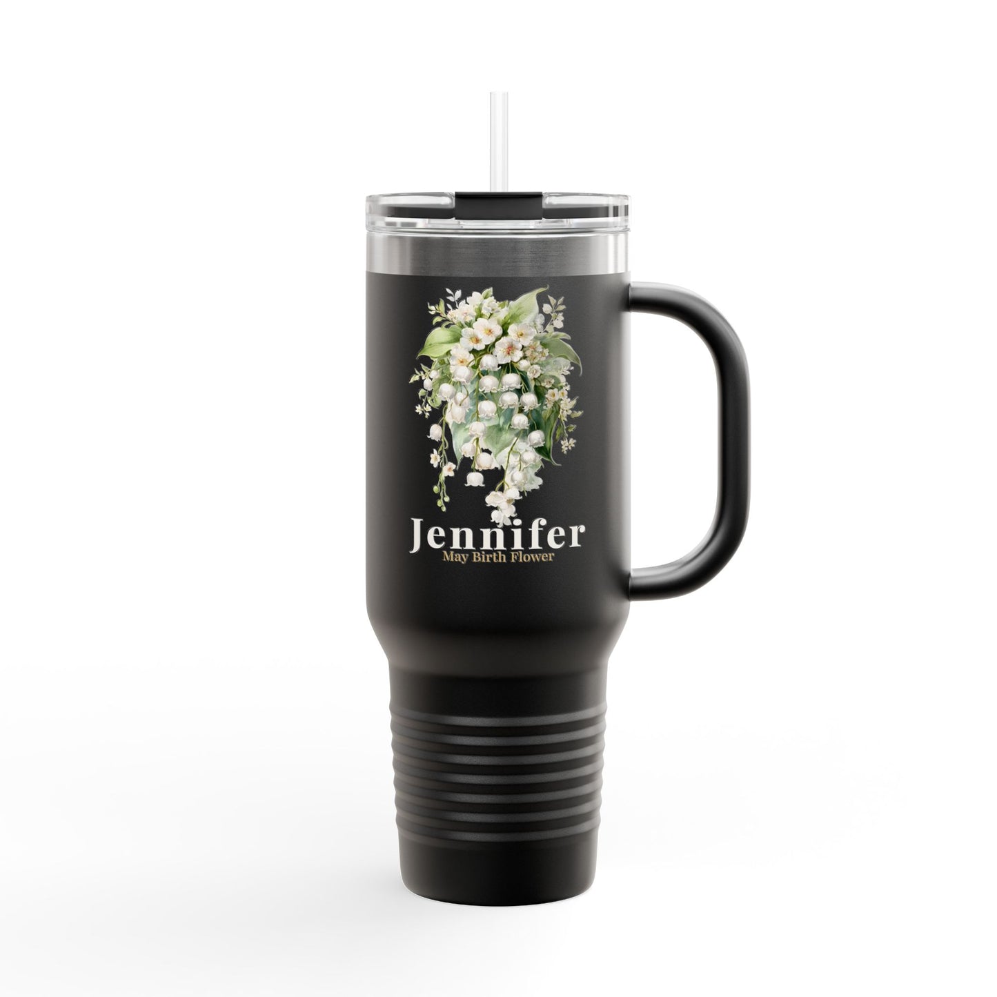 40oz Personalized Travel Mug – May Birth Flower Lily of the Valley Tumbler - 14891