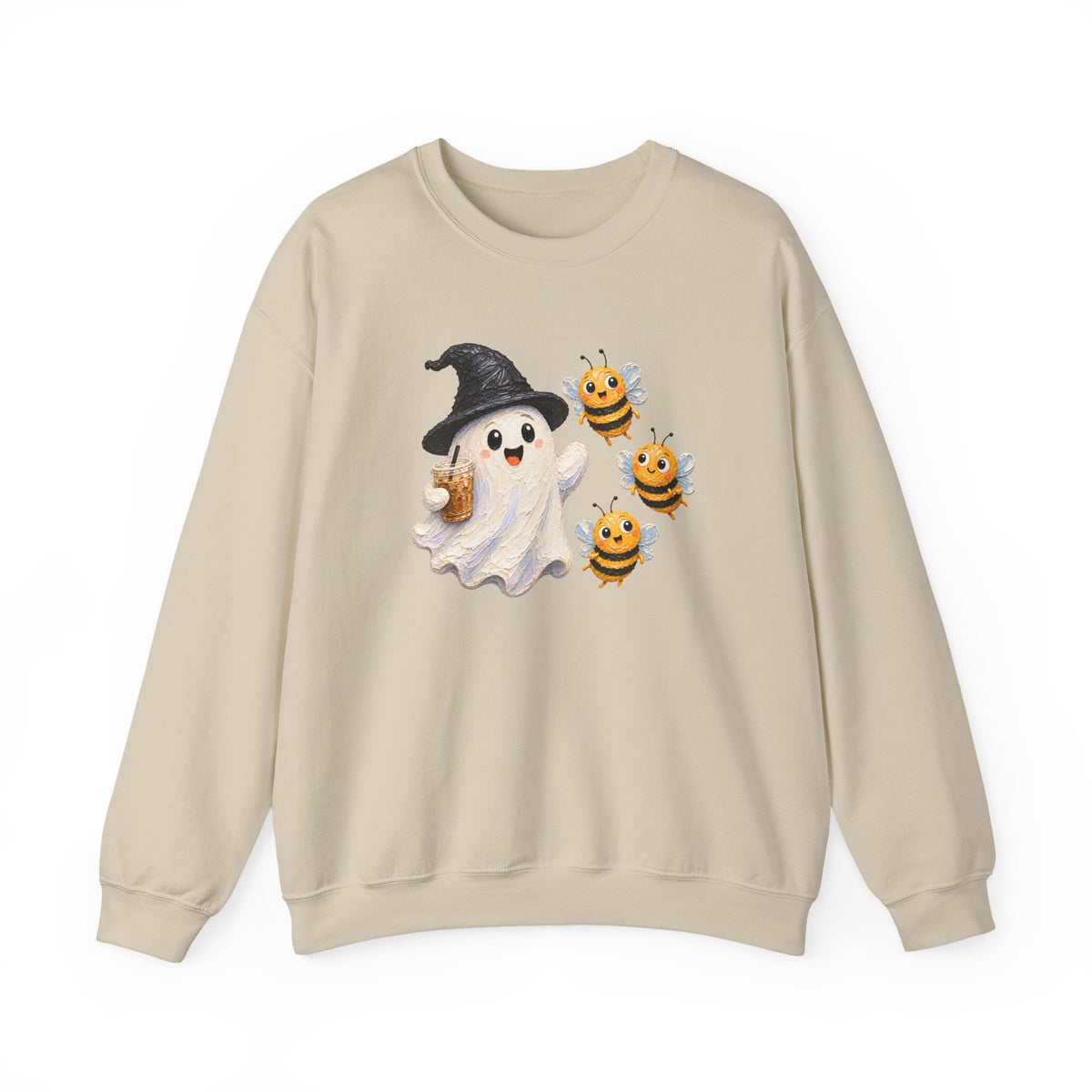 Cute Halloween Ghost & Bees Sweatshirt, Whimsical Witch Hat Crewneck - 14538