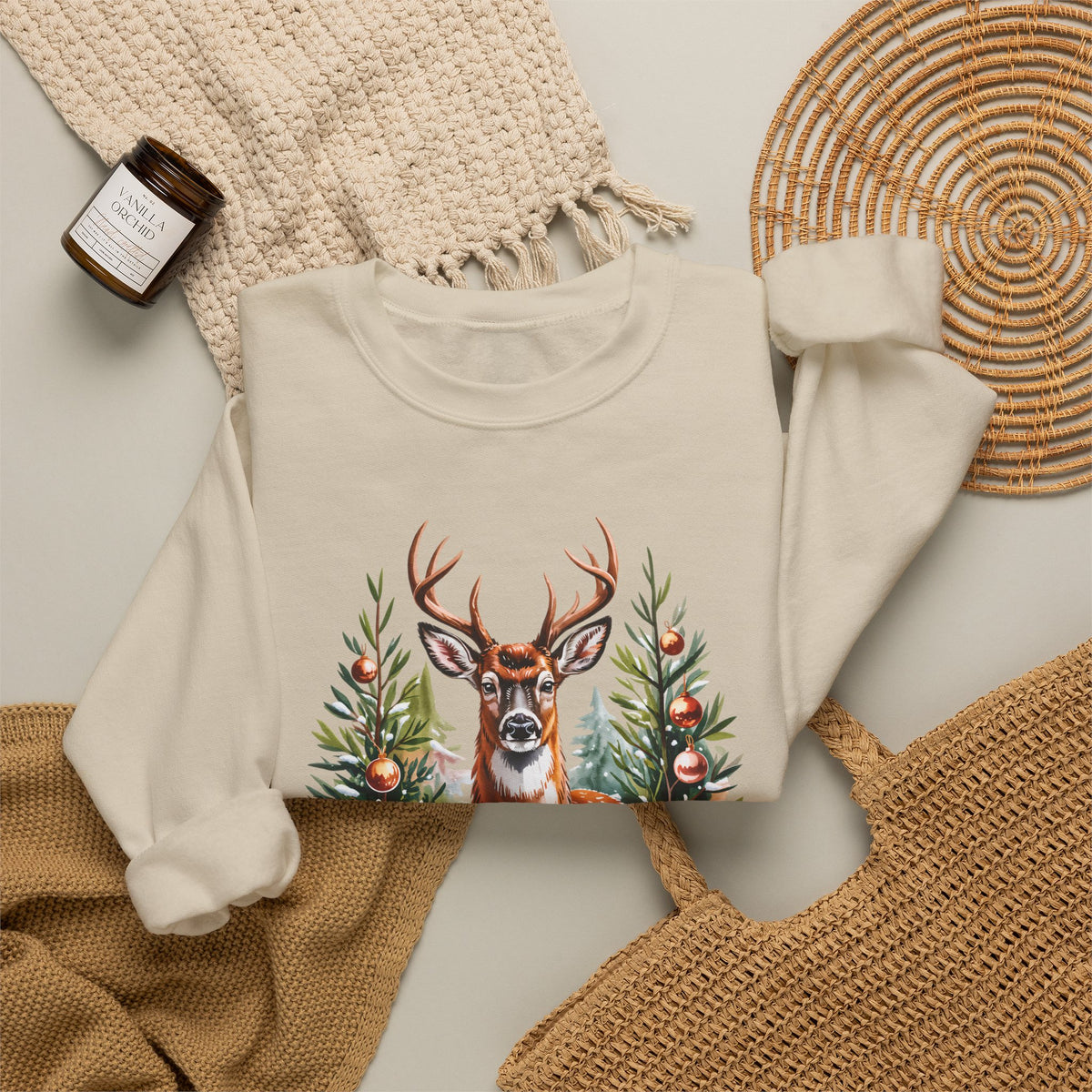 Christmas Deer Sweatshirt, Vintage Woodland Holiday Crewneck - 14562