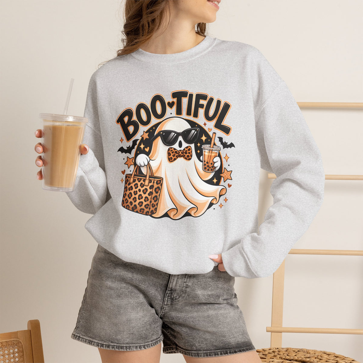 Boo-tiful Halloween Ghost Sweatshirt,  Leopard Print Crewneck - 14523