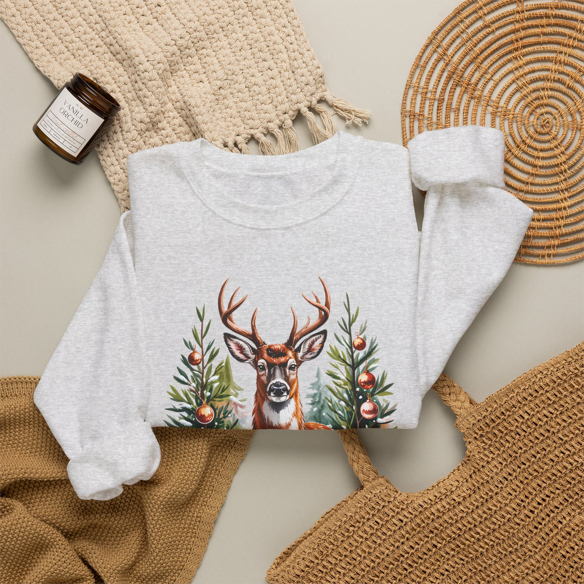 Christmas Deer Sweatshirt, Vintage Woodland Holiday Crewneck - 14562