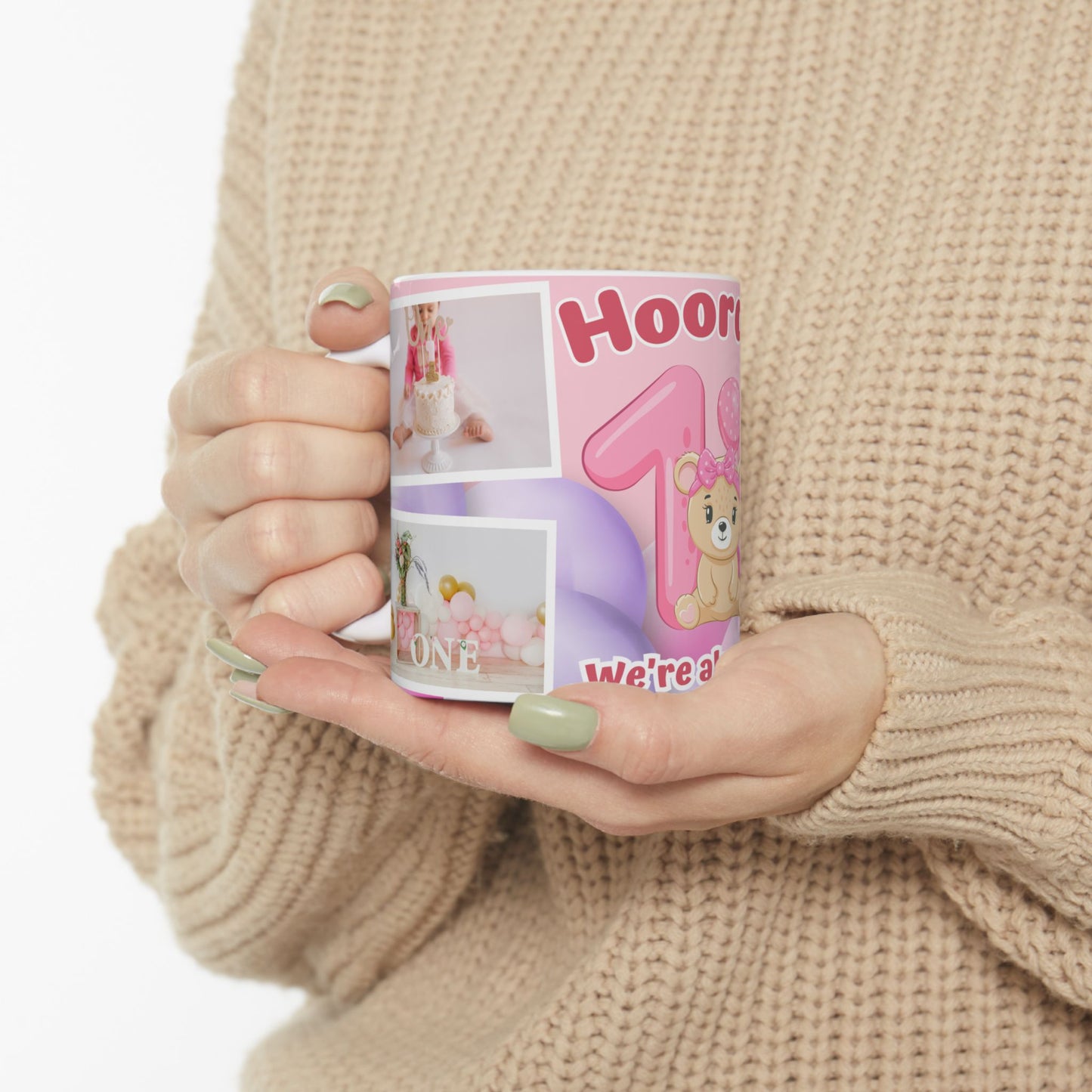 Cute Birthday Memory Ceramic Mug | Hooray! We're already 1 | Photo Collage Mug | Perfect Gift, Baby's 1st Birthday, Milestone Celebration - 13999