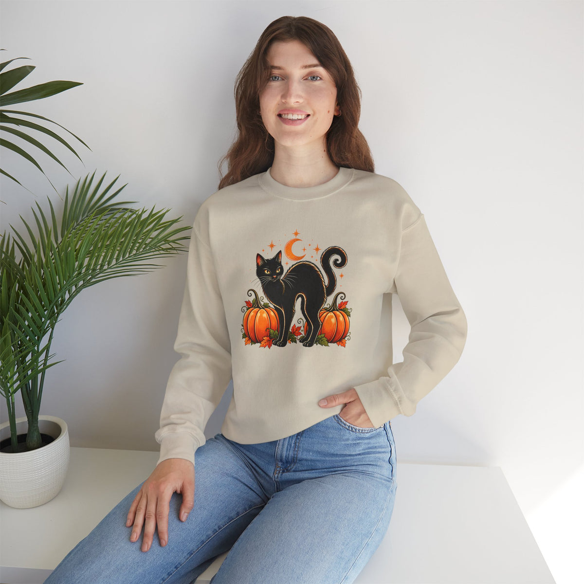 Halloween Black Cat & Pumpkins Sweatshirt, Vintage Autumn Crewneck - 14521