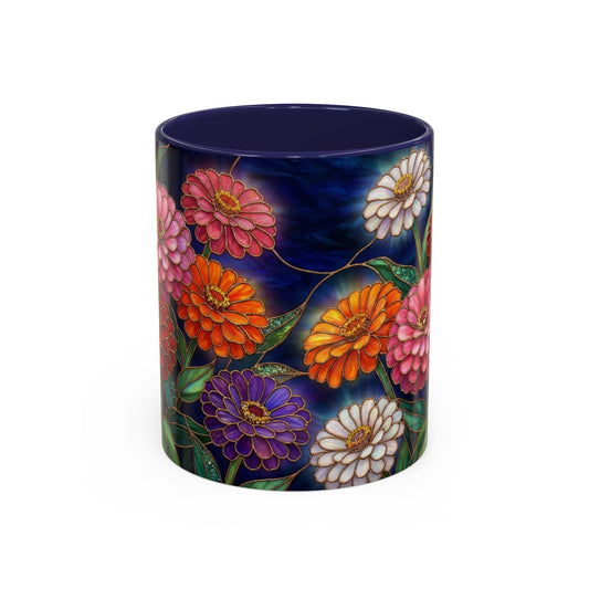 Zinnias Floral Accent Coffee Mug — Stained Glass Design 11/15oz - 14591