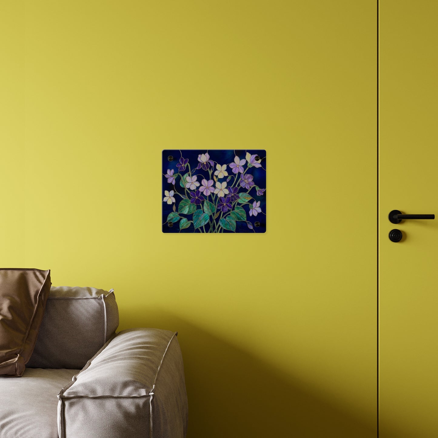 Violet Floral Acrylic Wall Art Panel — Purple Violets on Deep Blue - 14600