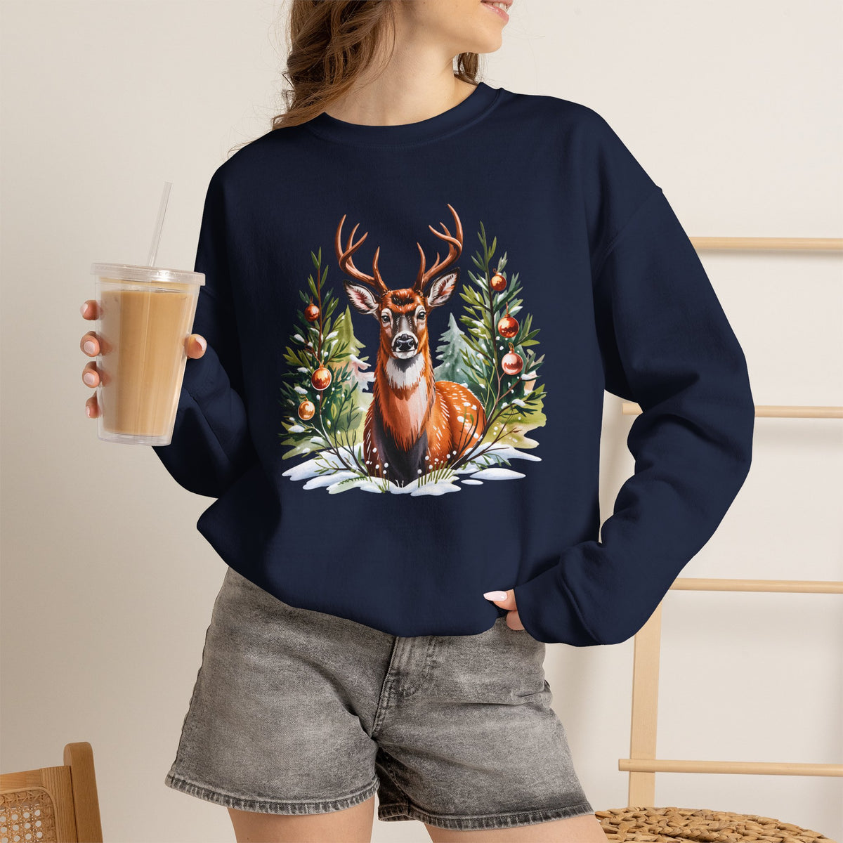 Christmas Deer Sweatshirt, Vintage Woodland Holiday Crewneck - 14562