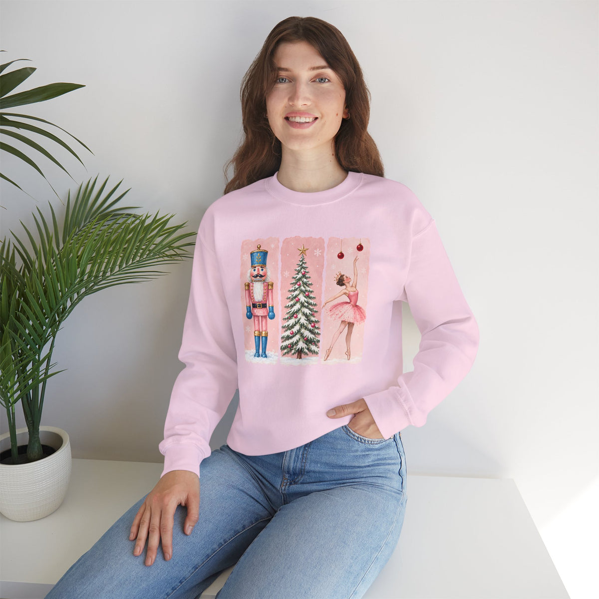 Christmas Nutcracker & Ballerina Sweatshirt, Vintage Pink Holiday Crewneck - 14568