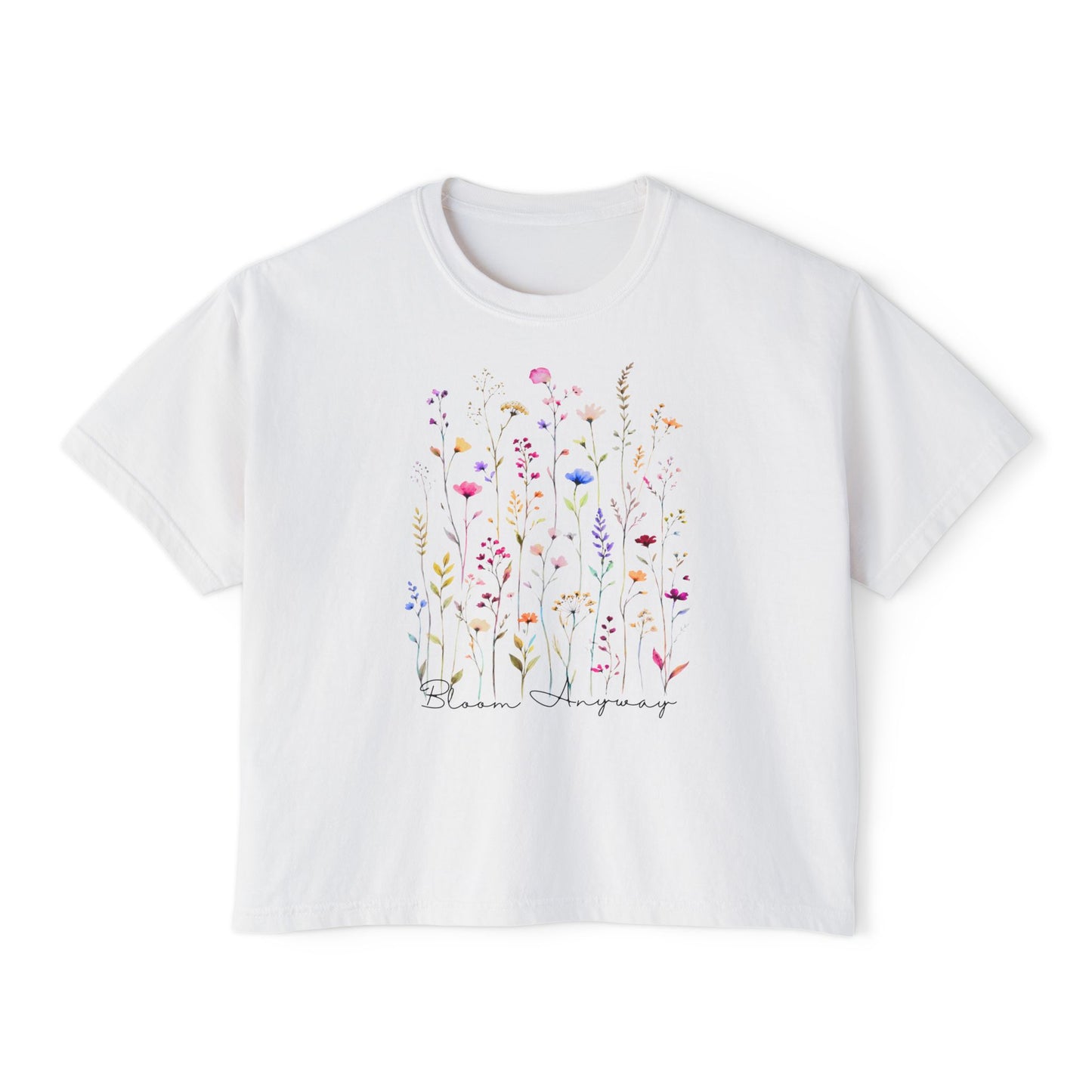 Bloom Anyway Wildflower Boxy Tee, Women’s Watercolor Floral T-Shirt - 14959