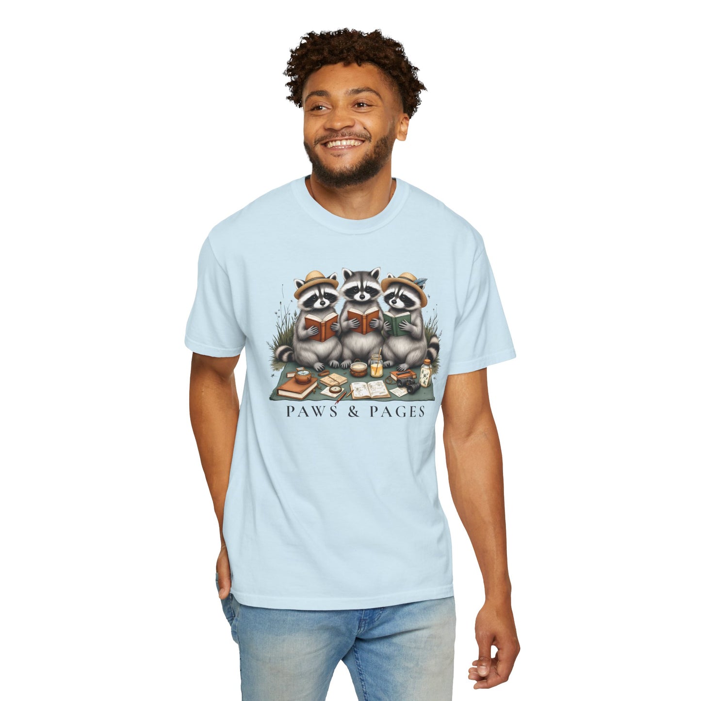 Paws & Pages Raccoon Reading T-Shirt – Cute Book Lover Graphic Tee, Cozy Reader Gift Shirt - 14816