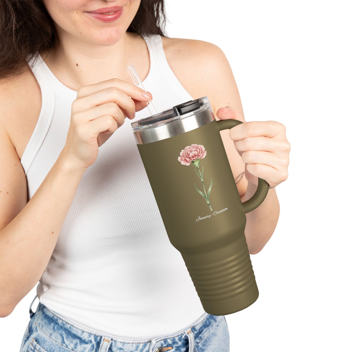 Carnation Floral Tumbler – January Birth Flower Gift | 40oz Insulated Travel Mug, Customizable — 14667