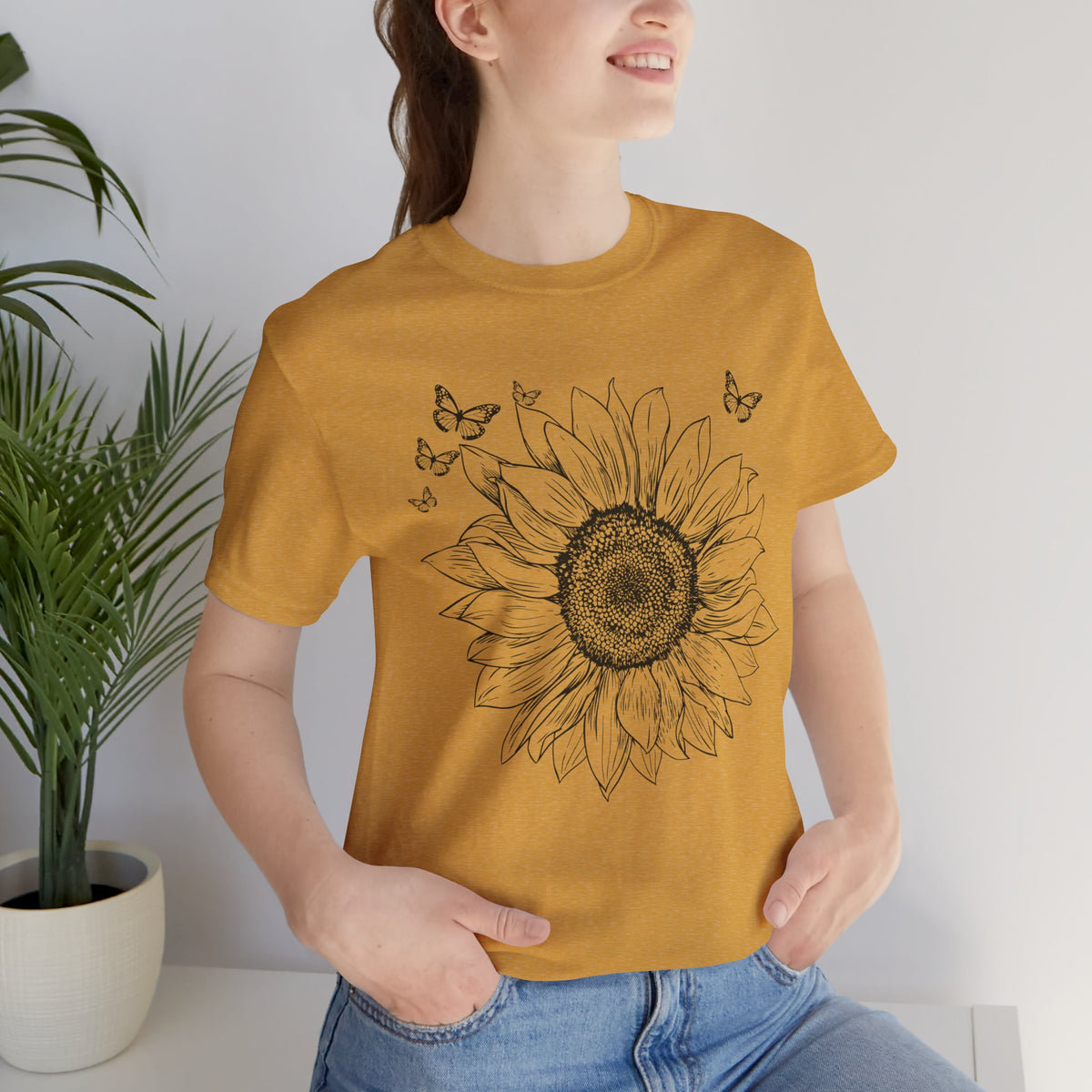 Sunflower Sketch T-Shirt, Vintage Botanical Sunflower & Butterfly Graphic Tee - 14982
