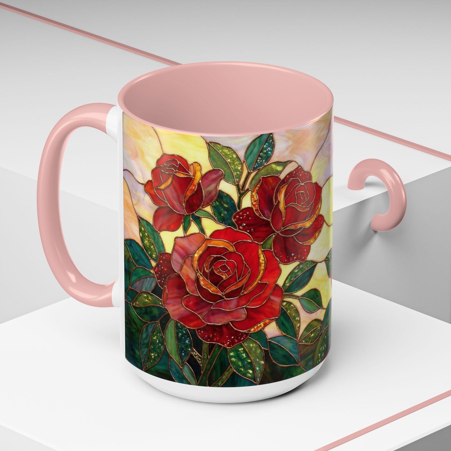 Rose Stained Glass Accent Coffee Mug – Red Roses Floral 11/15oz - 14539