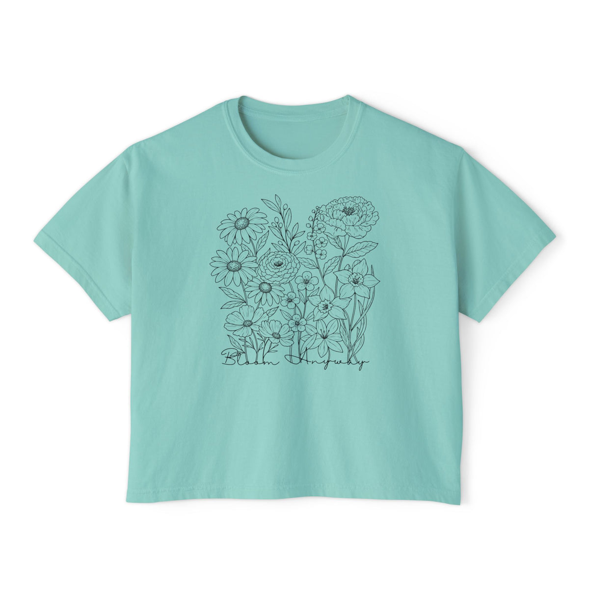 Floral Line Art Boxy T-Shirt, Women’s Botanical Sketch Tee - 14987
