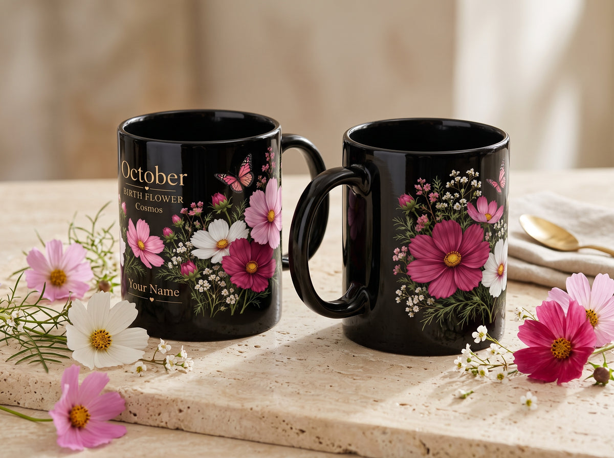 October Birth Flower Mug, Personalized Cosmos Black Coffee Cup - 14980