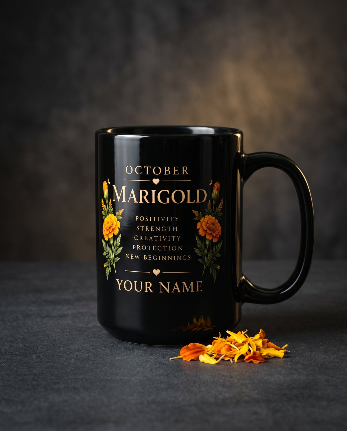 Personalized October Marigold Black Mug, Custom Name Birth Flower Coffee Cup - 14977