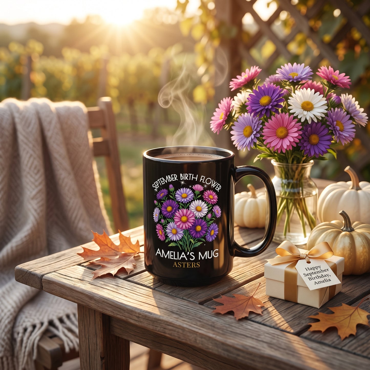 Personalized September Birth Flower Mug — Custom Name Aster Black Coffee Cup (11oz/15oz) - 14918