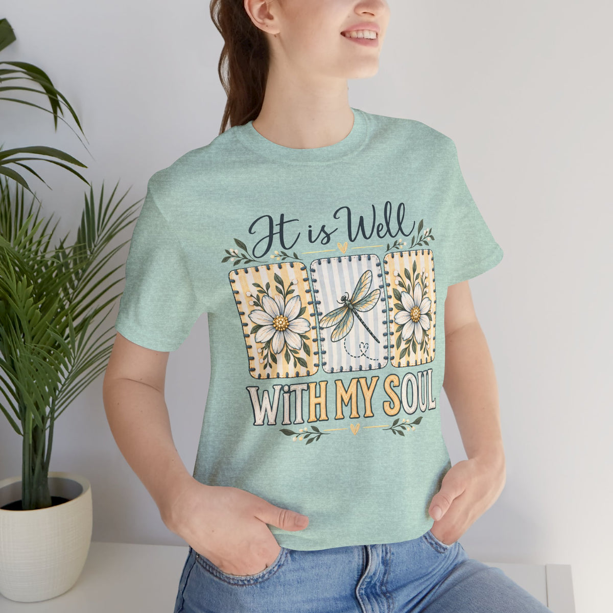 It Is Well With My Soul T-Shirt, Floral Dragonfly Christian Faith Tee - 14991