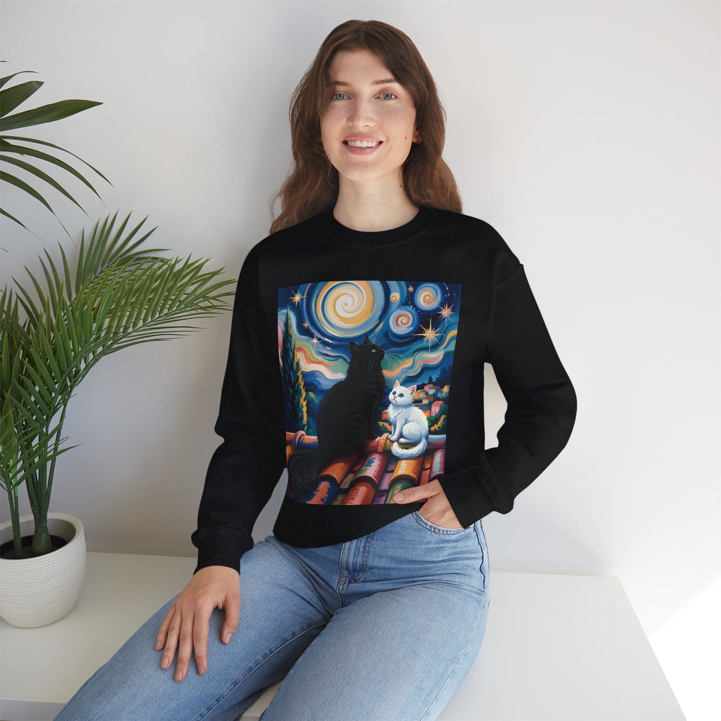 Crewneck Sweatshirt – Starry Night Cats Art, Van Gogh Inspired | Cat Lovers Gift - 14757