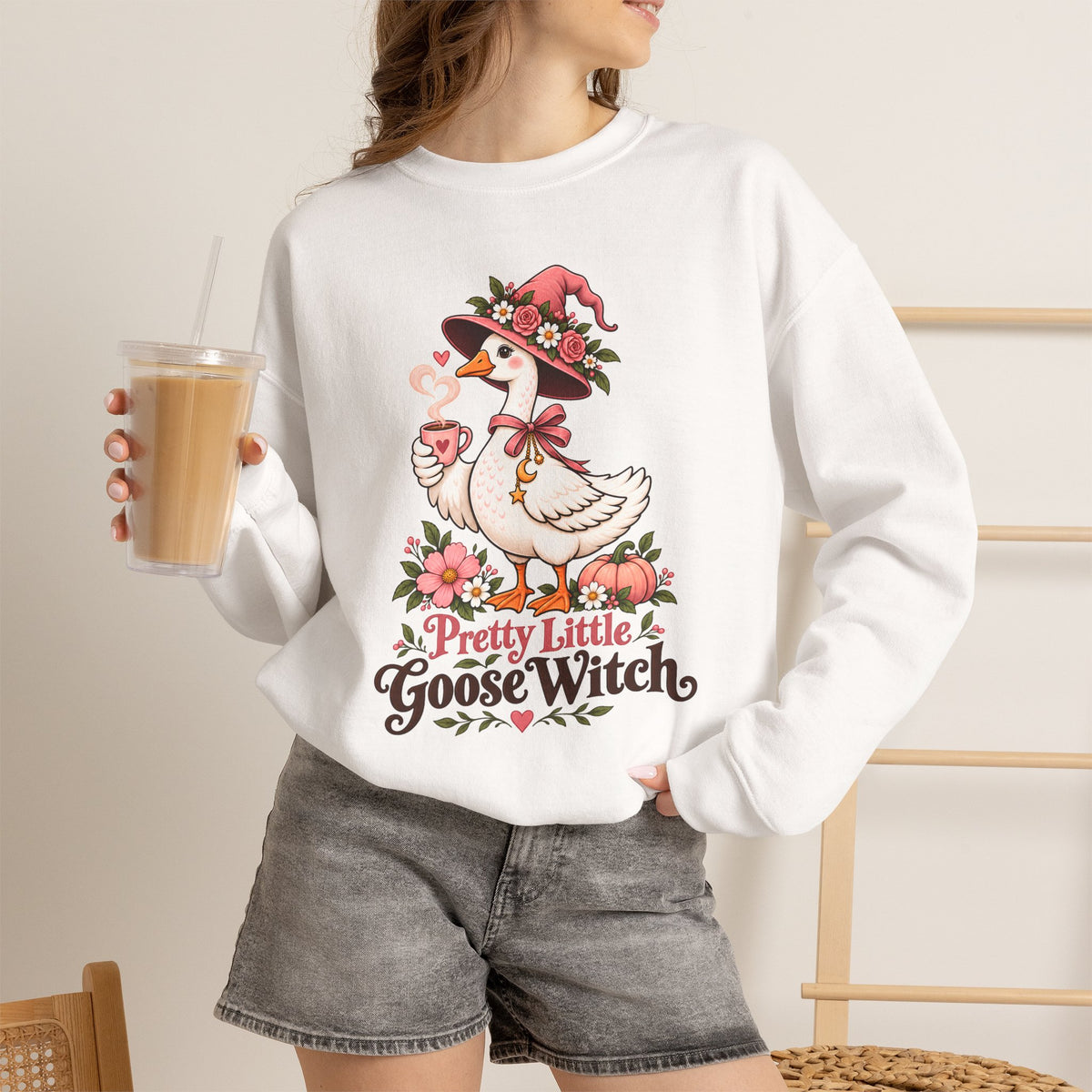 Pretty Little Goose Witch Sweatshirt, Cute Floral Halloween Crewneck - 14532