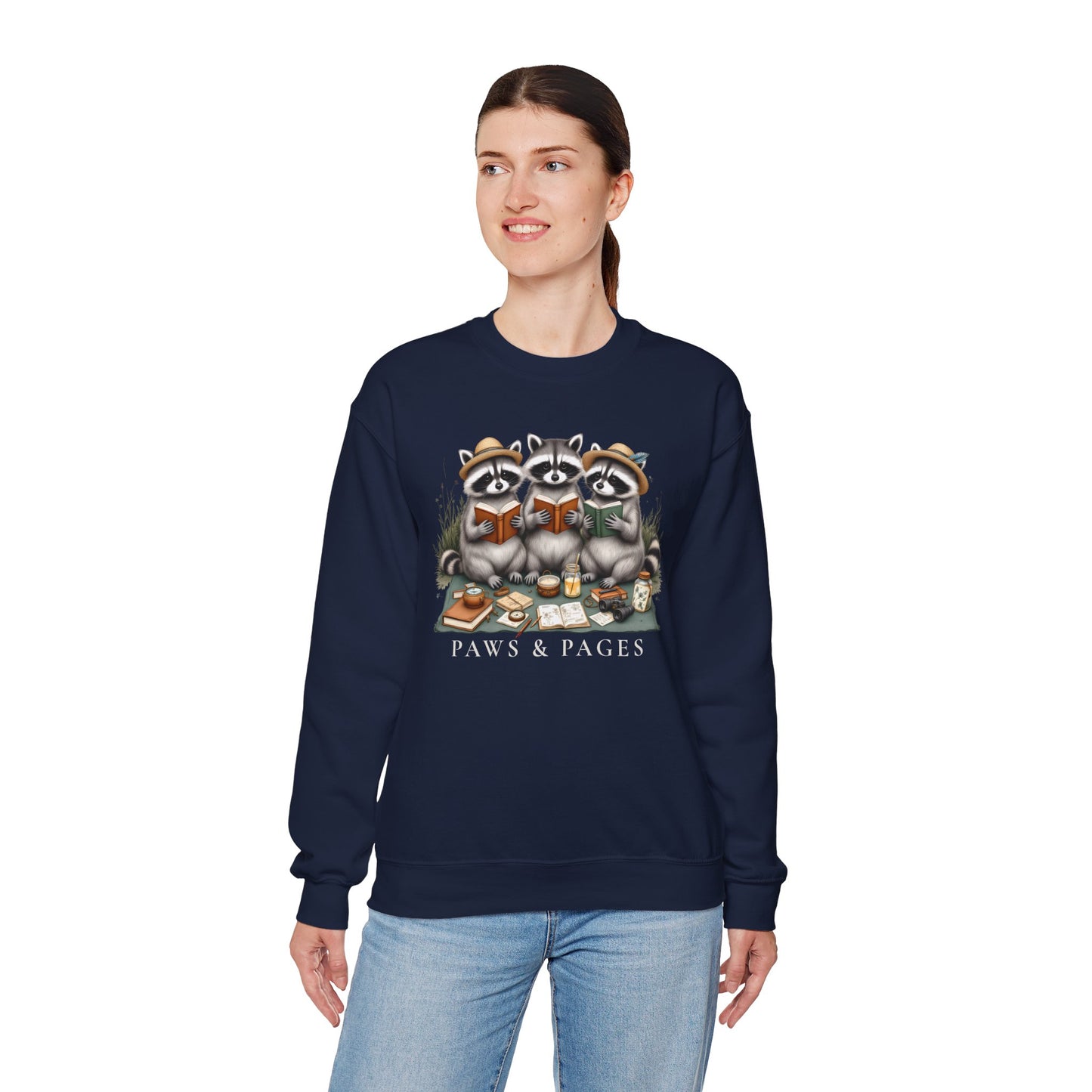 Paws & Pages Raccoon Reading Sweatshirt – Cozy Book Lover Crewneck, Cute Reader Gift - 14817