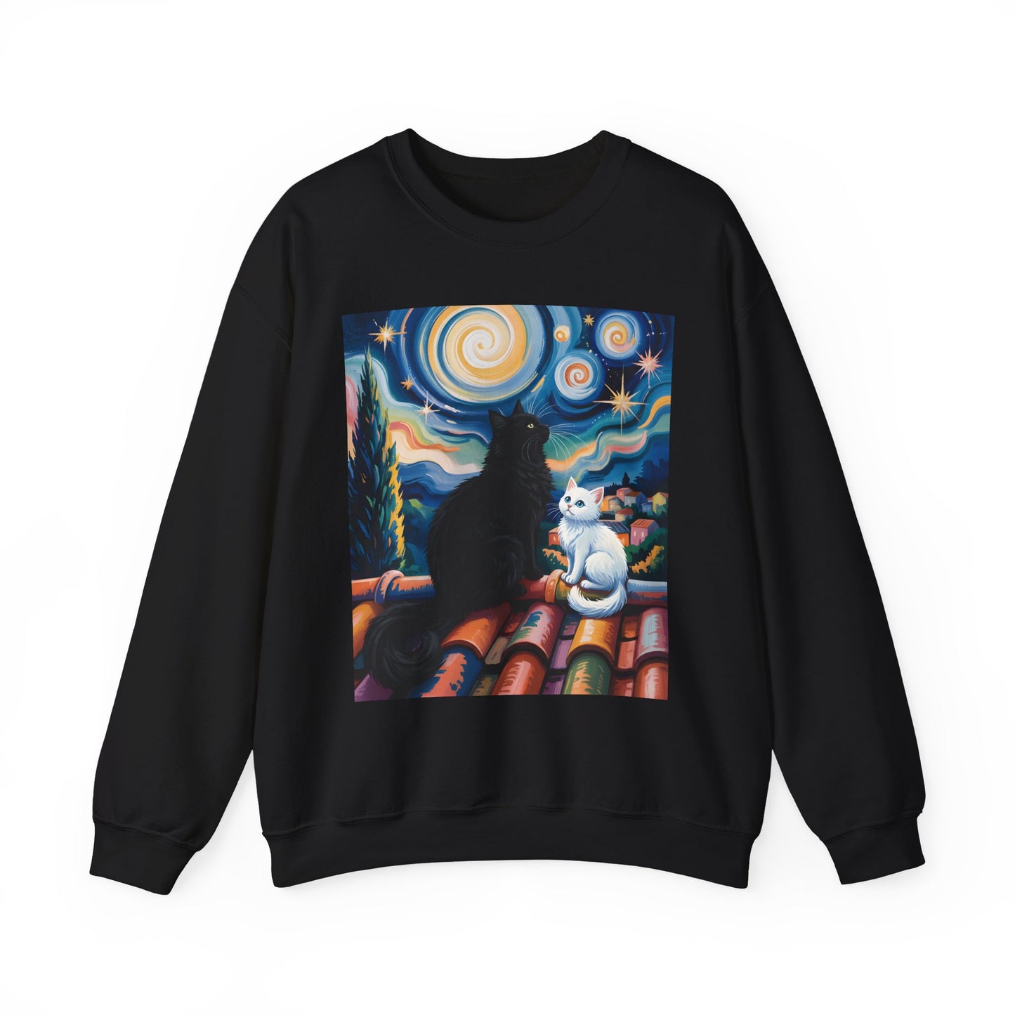 Crewneck Sweatshirt – Starry Night Cats Art, Van Gogh Inspired | Cat Lovers Gift - 14757