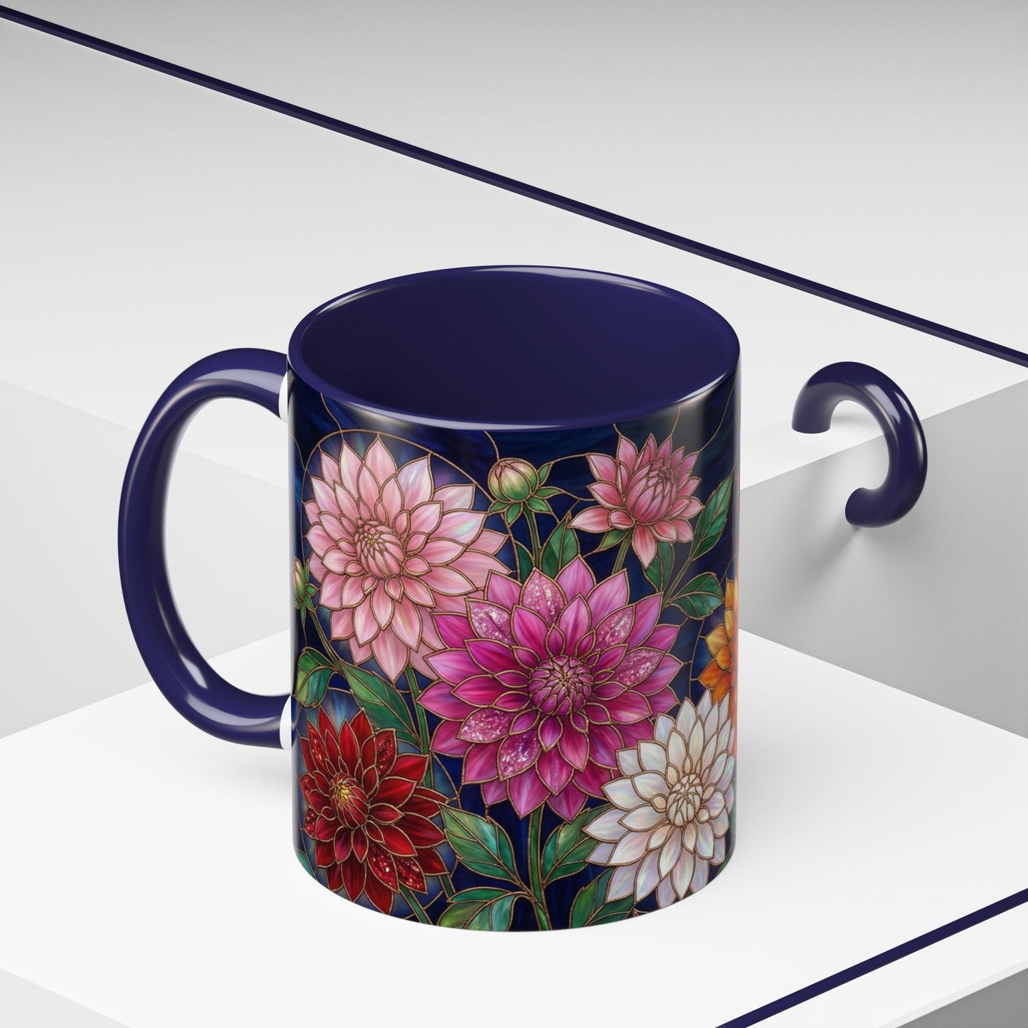 Dahlia Floral Accent Coffee Mug — Stained-Glass  Design (11/15oz) - 14562
