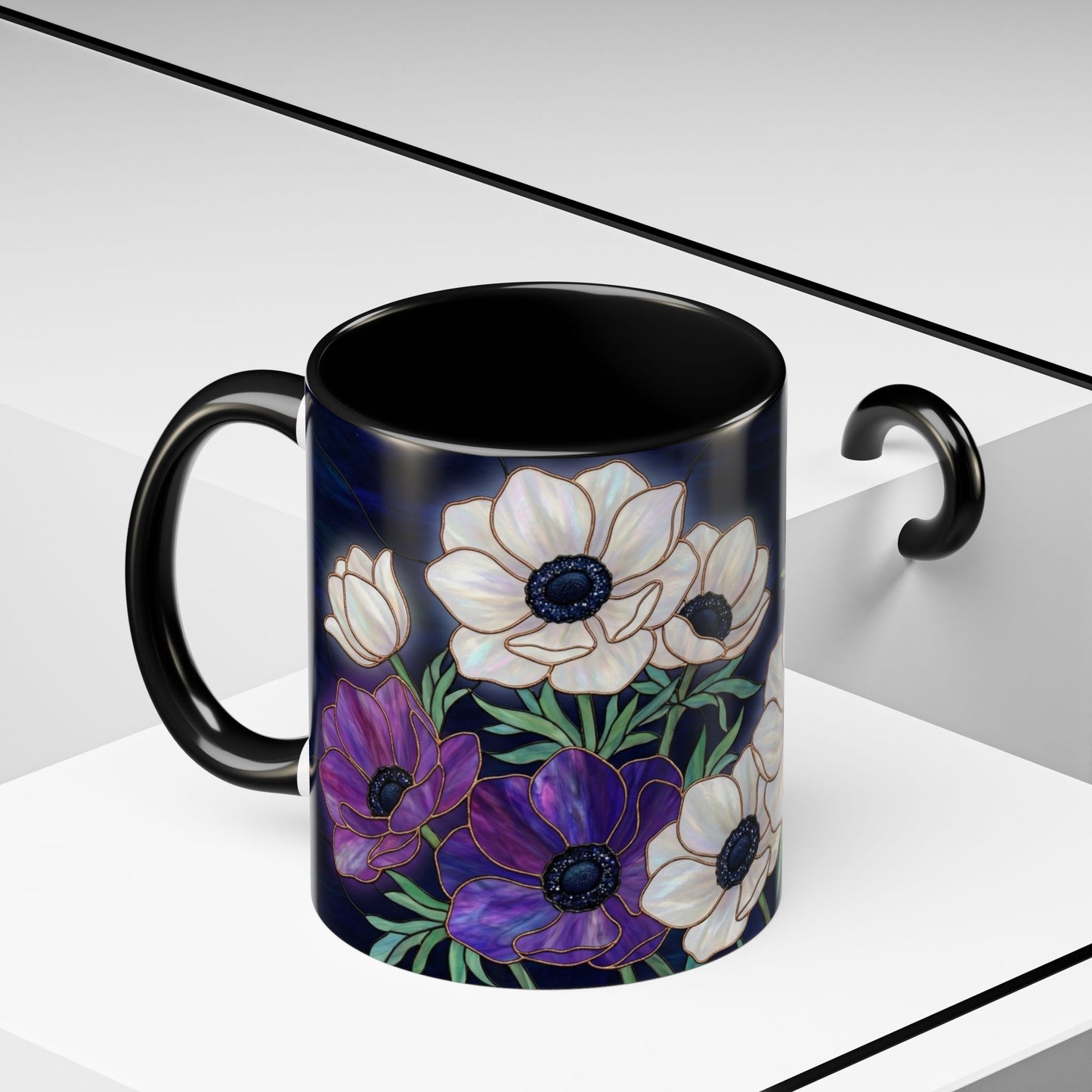 Floral Anemone Accent Coffee Mug — Stained Glass Design 11/15oz - 14552