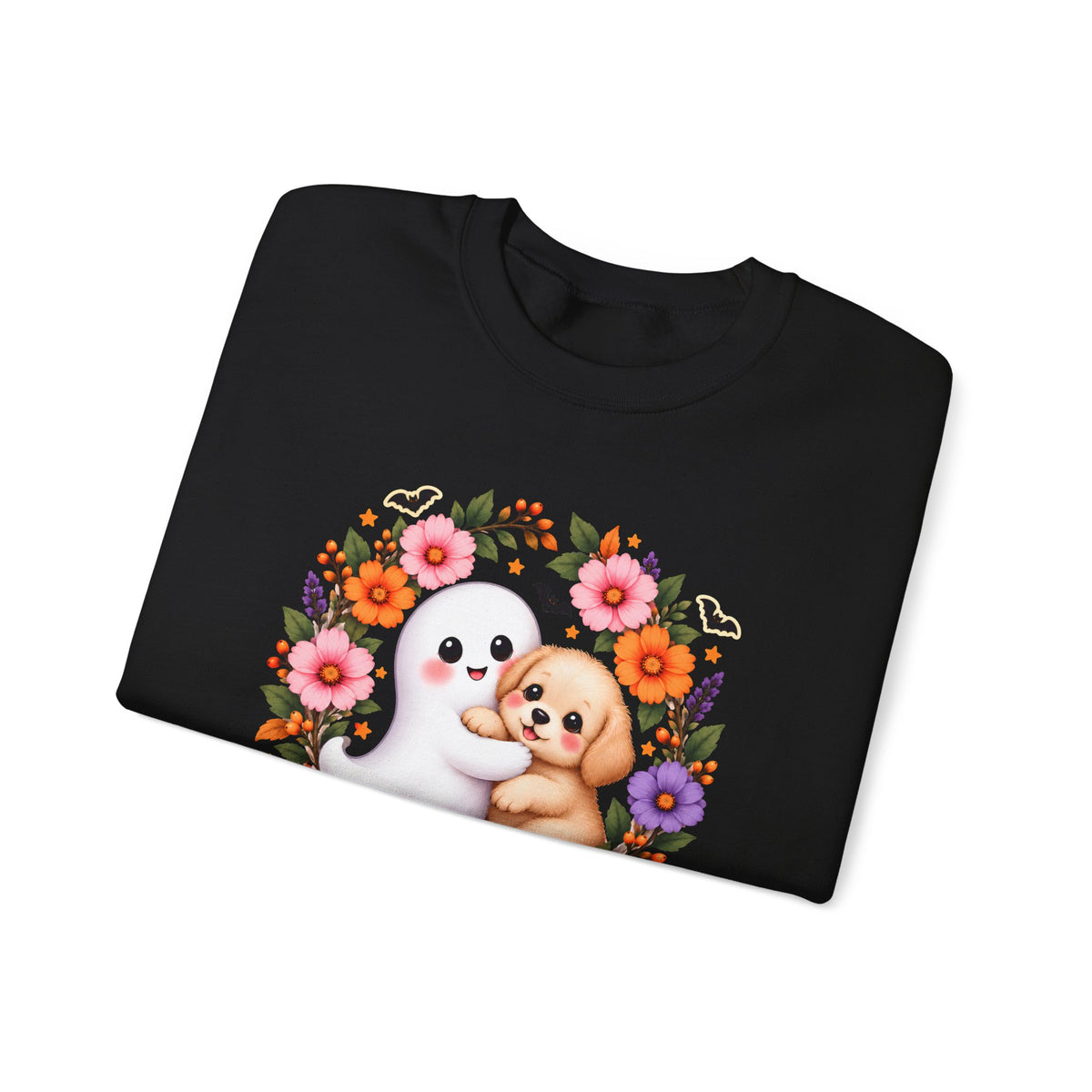 Cute Ghost & Puppy Halloween Sweatshirt,  Floral Crewneck - 14515