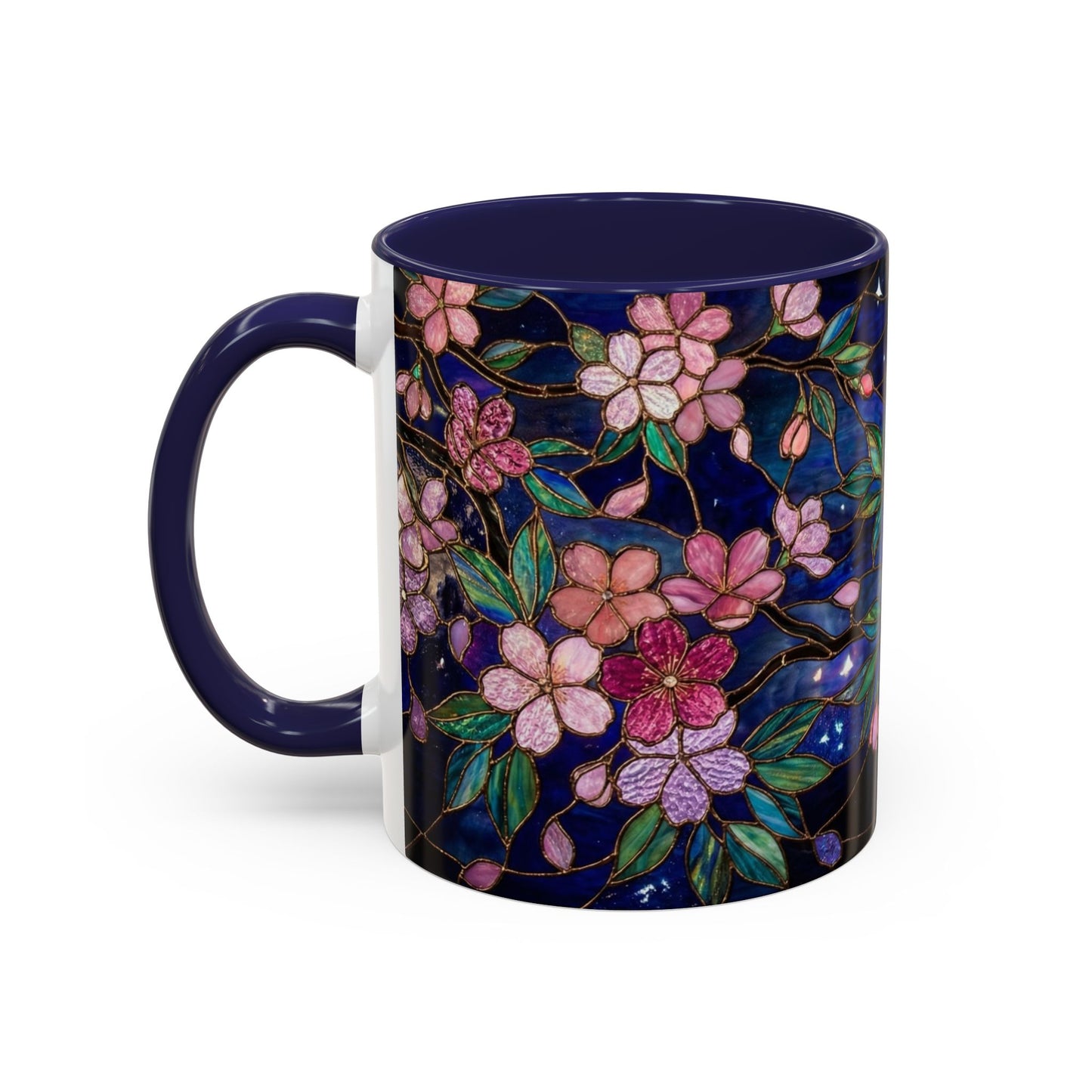 Cherry Blossom Lantern Coffee Mug — Floral Night Sky, Stained Glass Design (11/15 oz) - 14533